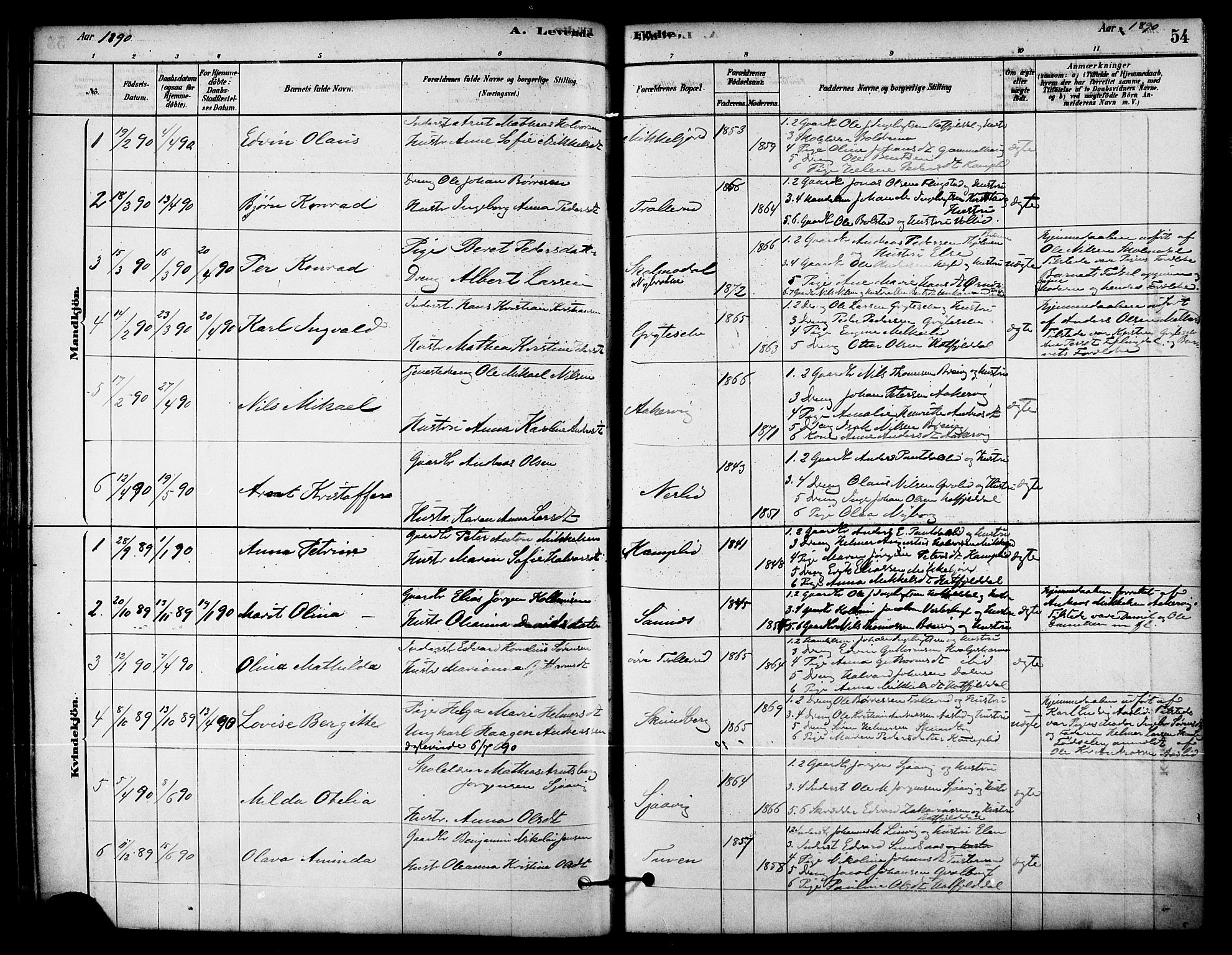 Ministerialprotokoller, klokkerbøker og fødselsregistre - Nordland, AV/SAT-A-1459/823/L0325: Parish register (official) no. 823A02, 1878-1898, p. 54