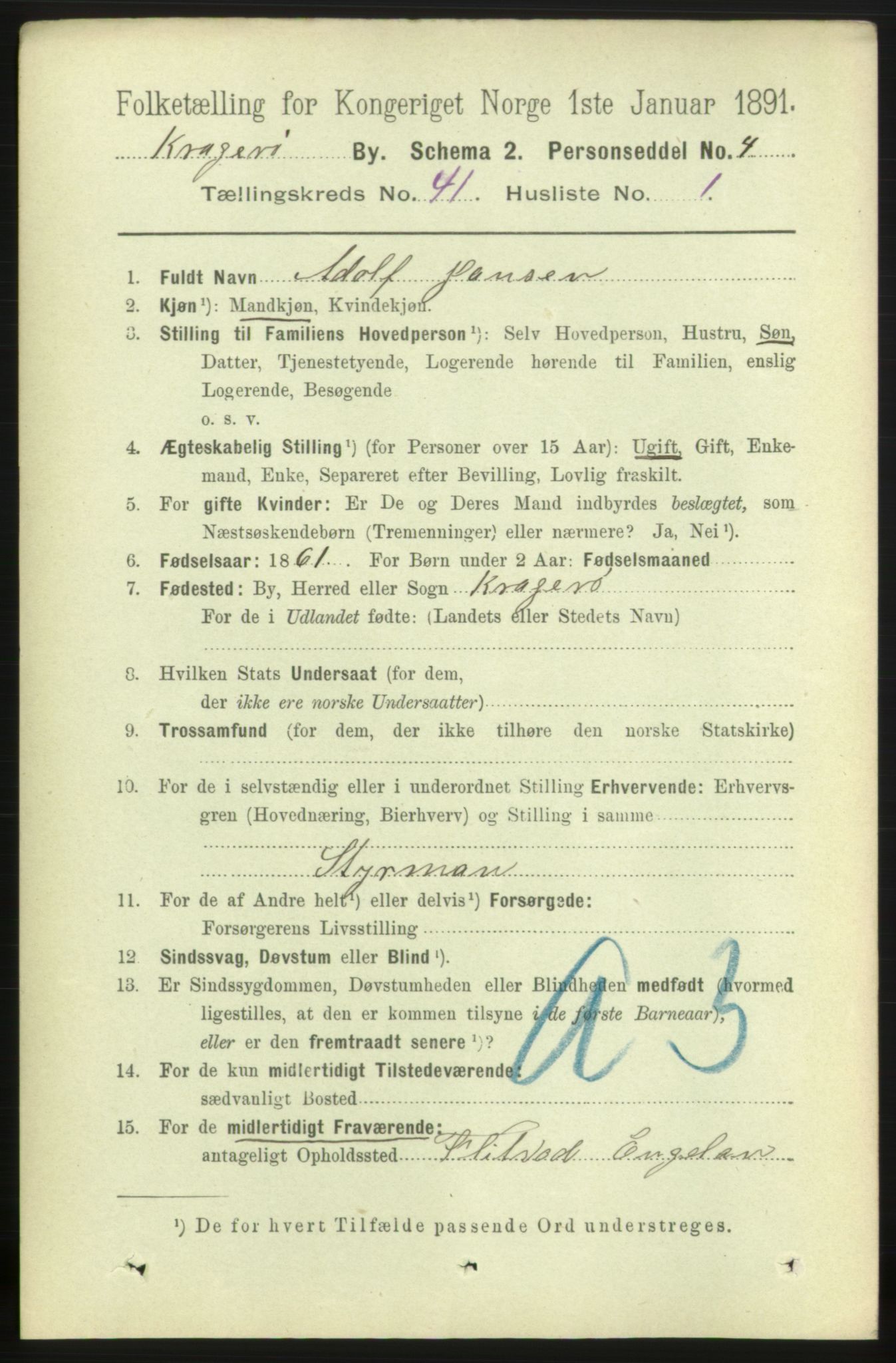 RA, 1891 census for 0801 Kragerø, 1891, p. 7512