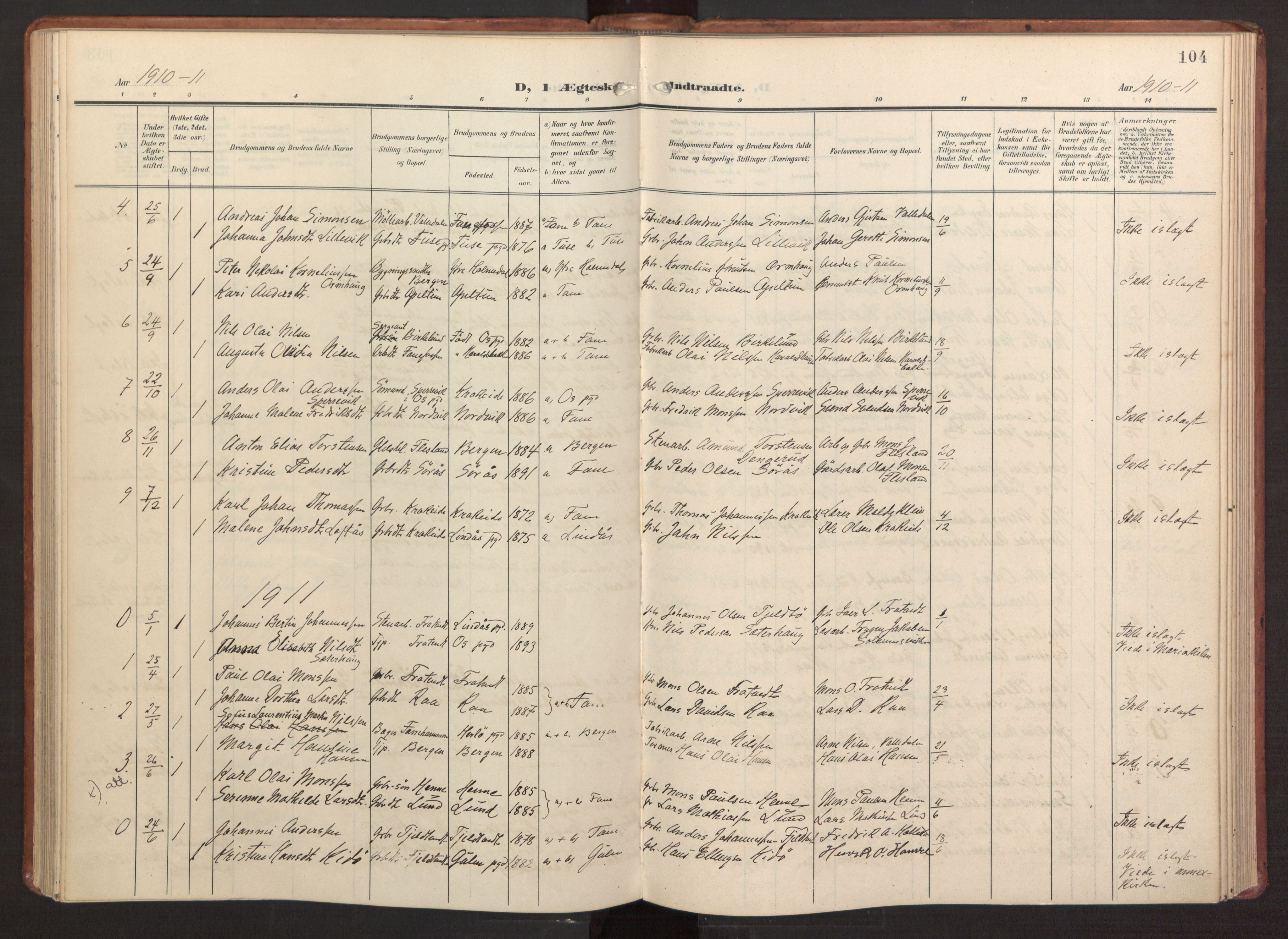 Fana Sokneprestembete, AV/SAB-A-75101/H/Haa/Haab/L0004: Parish register (official) no. B 4, 1908-1915, p. 104