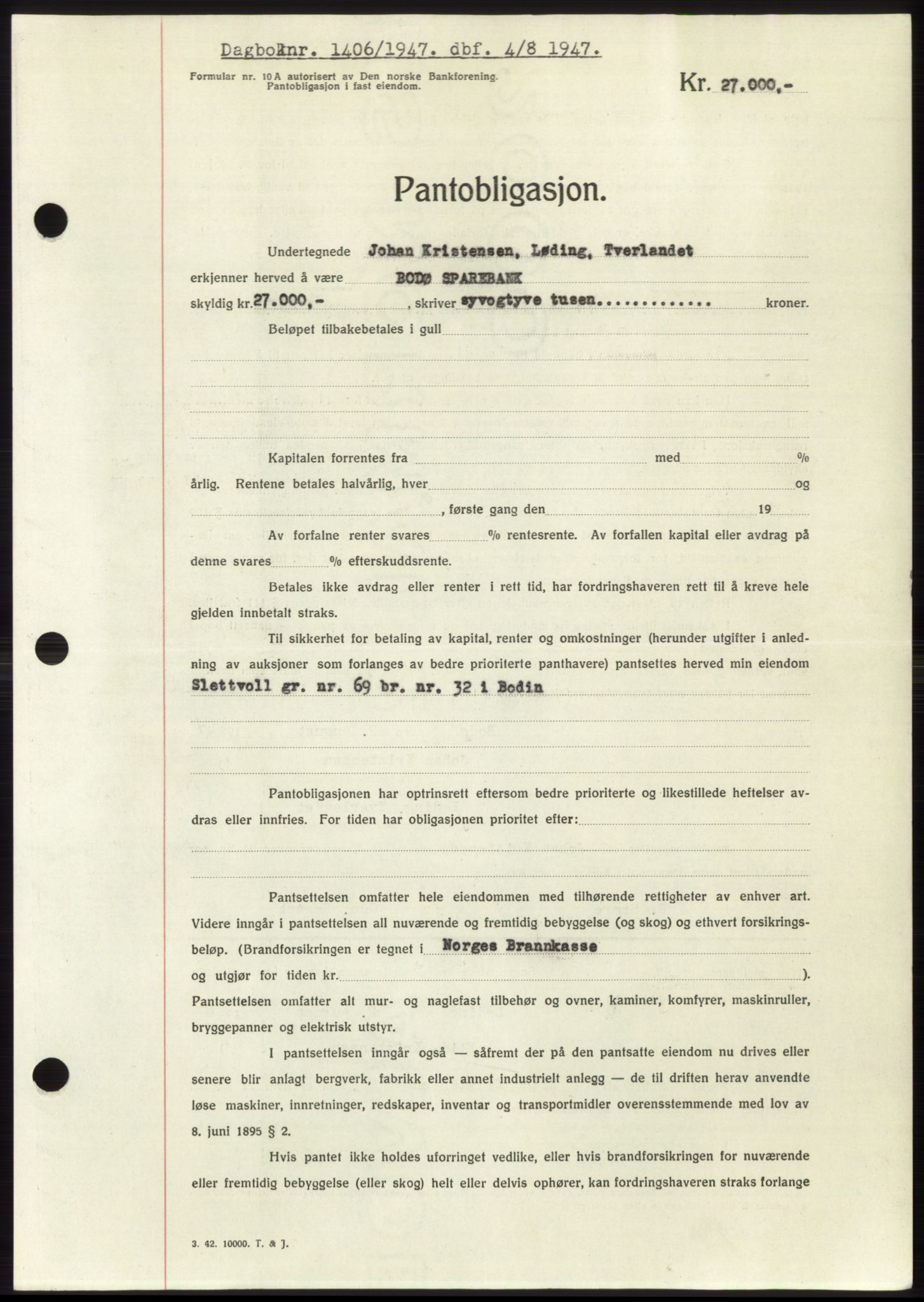 Salten sorenskriveri, AV/SAT-A-4578/1/2/2C: Mortgage book no. B11-12, 1947-1947, Diary no: : 1406/1947