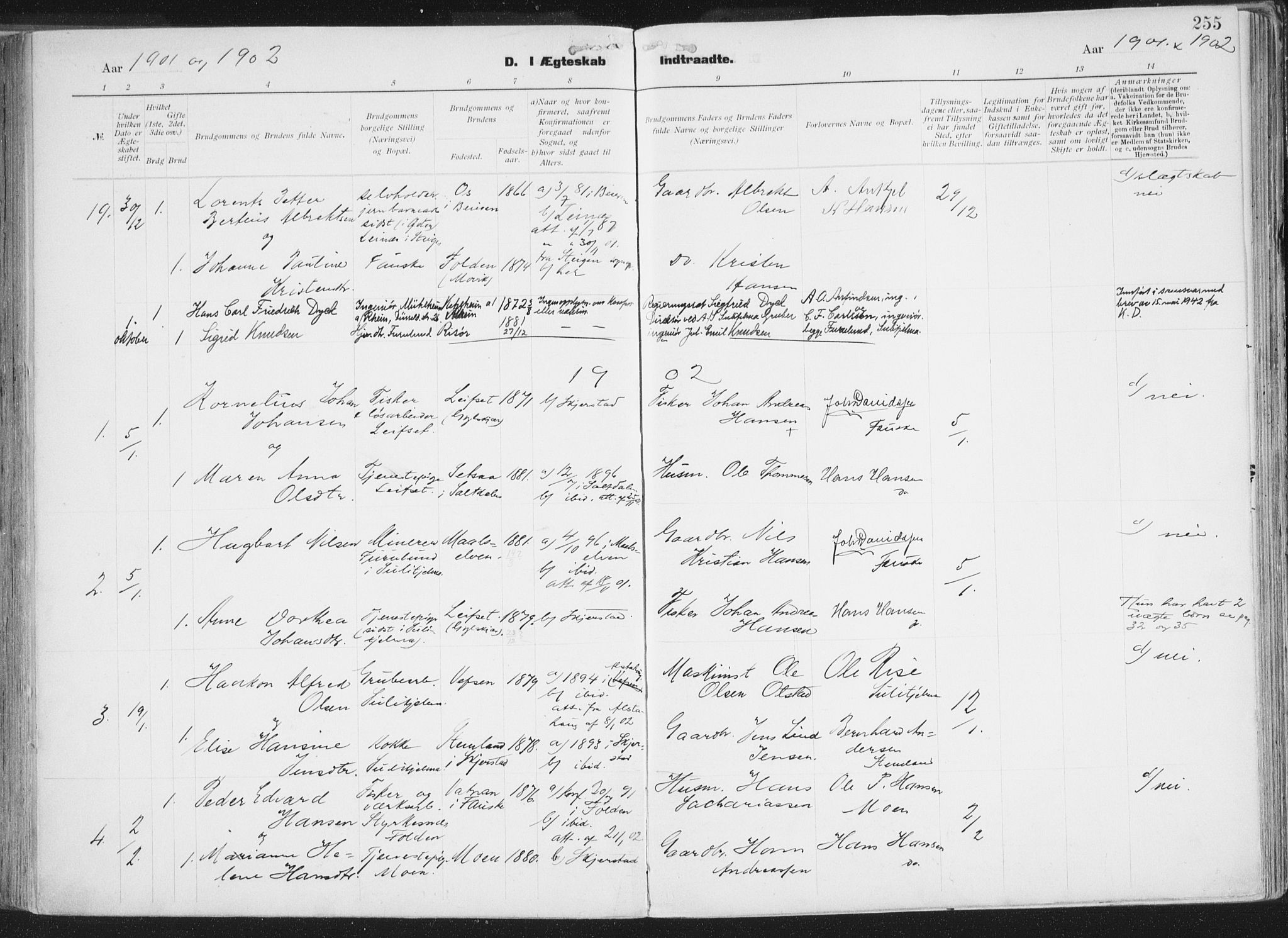 Ministerialprotokoller, klokkerbøker og fødselsregistre - Nordland, SAT/A-1459/849/L0696: Parish register (official) no. 849A08, 1898-1910, p. 255