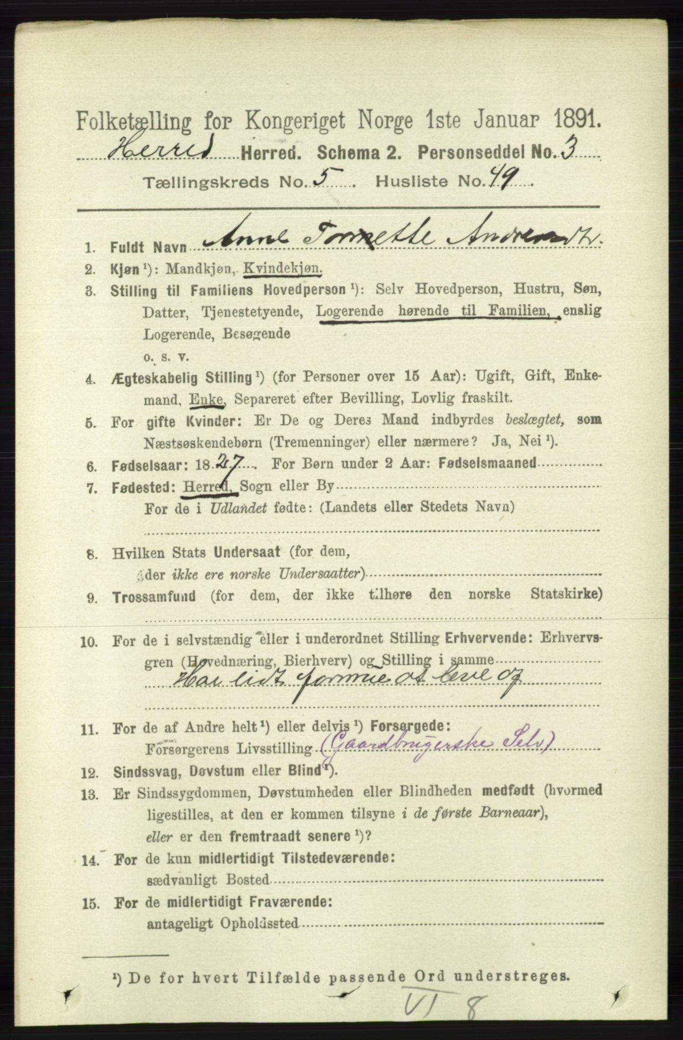 RA, 1891 census for 1039 Herad, 1891, p. 2076