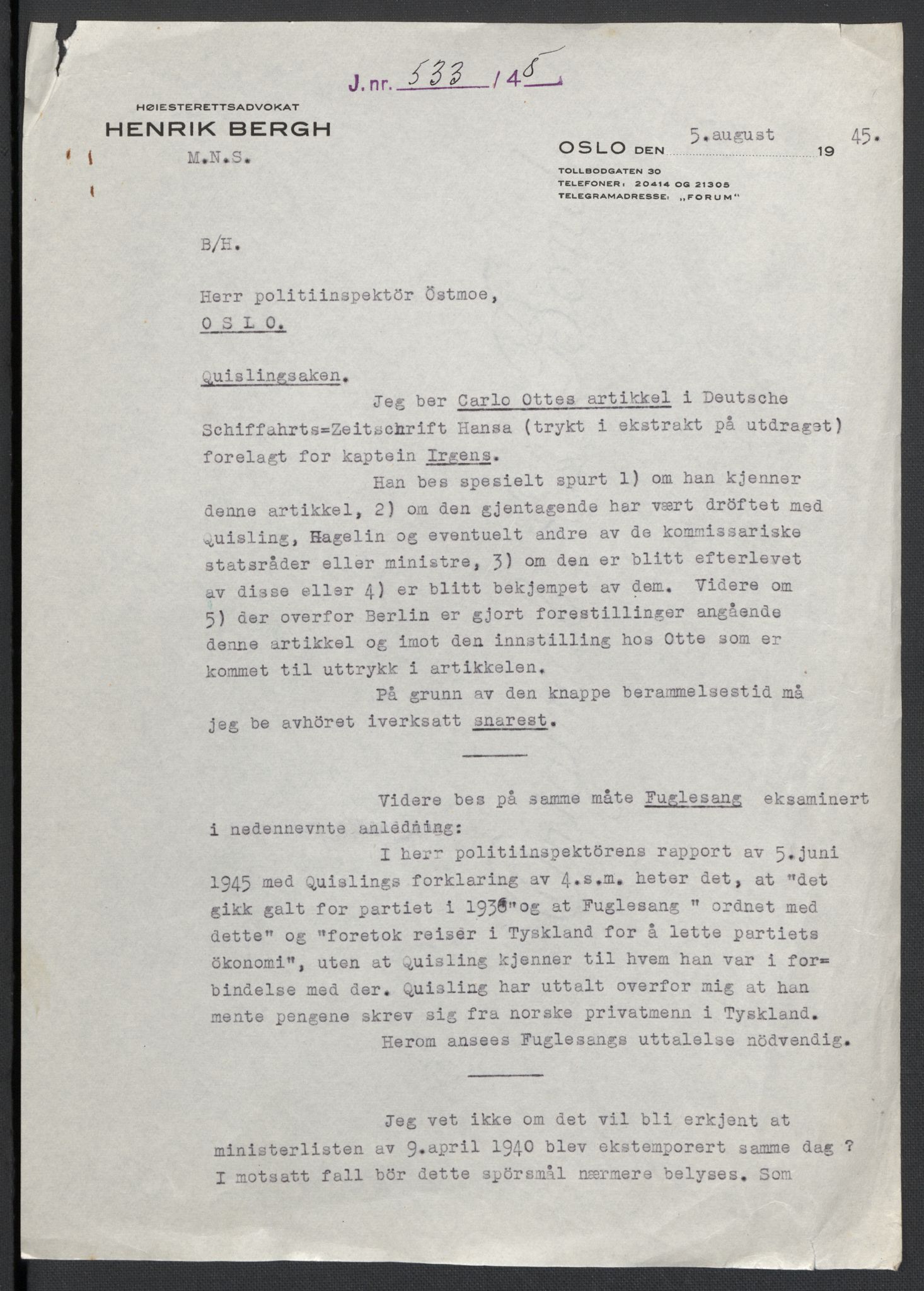 Landssvikarkivet, Oslo politikammer, AV/RA-S-3138-01/D/Da/L0003: Dnr. 29, 1945, p. 3584