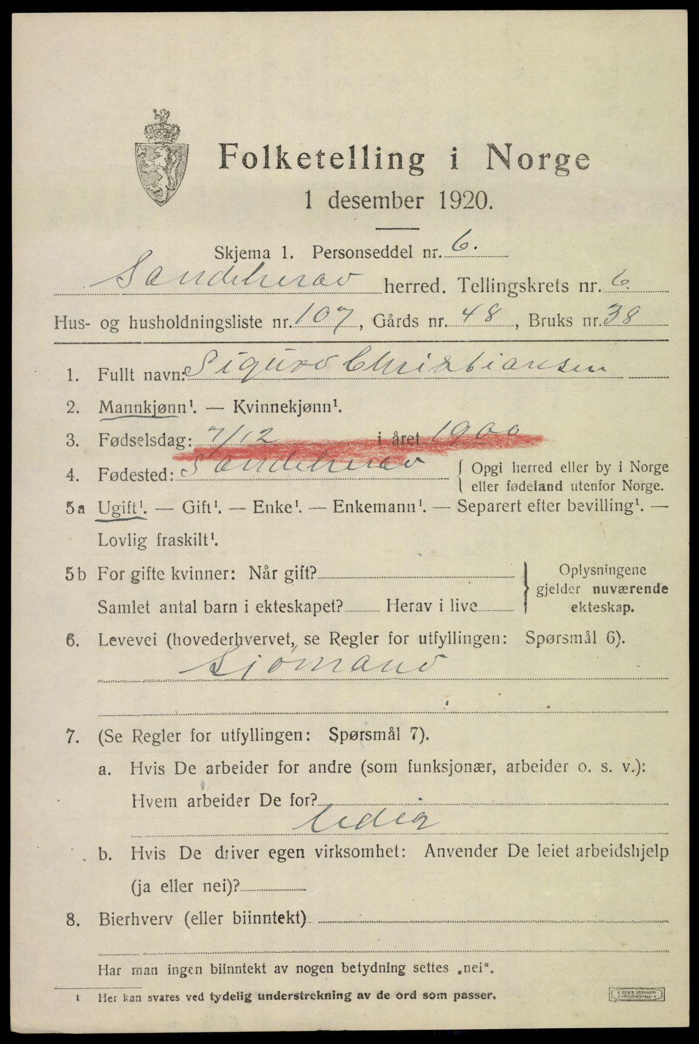 SAKO, 1920 census for Sandeherred, 1920, p. 11042