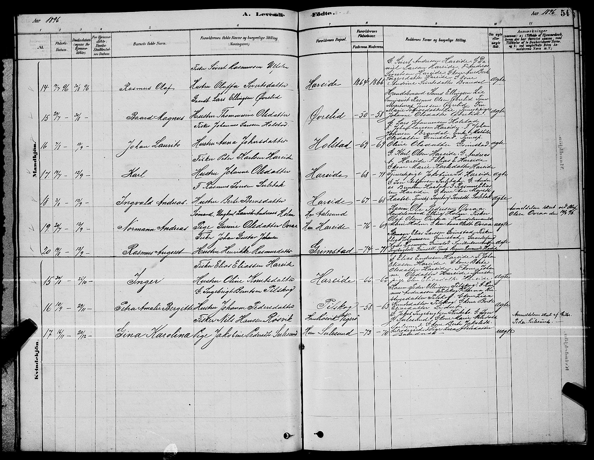 Ministerialprotokoller, klokkerbøker og fødselsregistre - Møre og Romsdal, AV/SAT-A-1454/510/L0125: Parish register (copy) no. 510C02, 1878-1900, p. 54