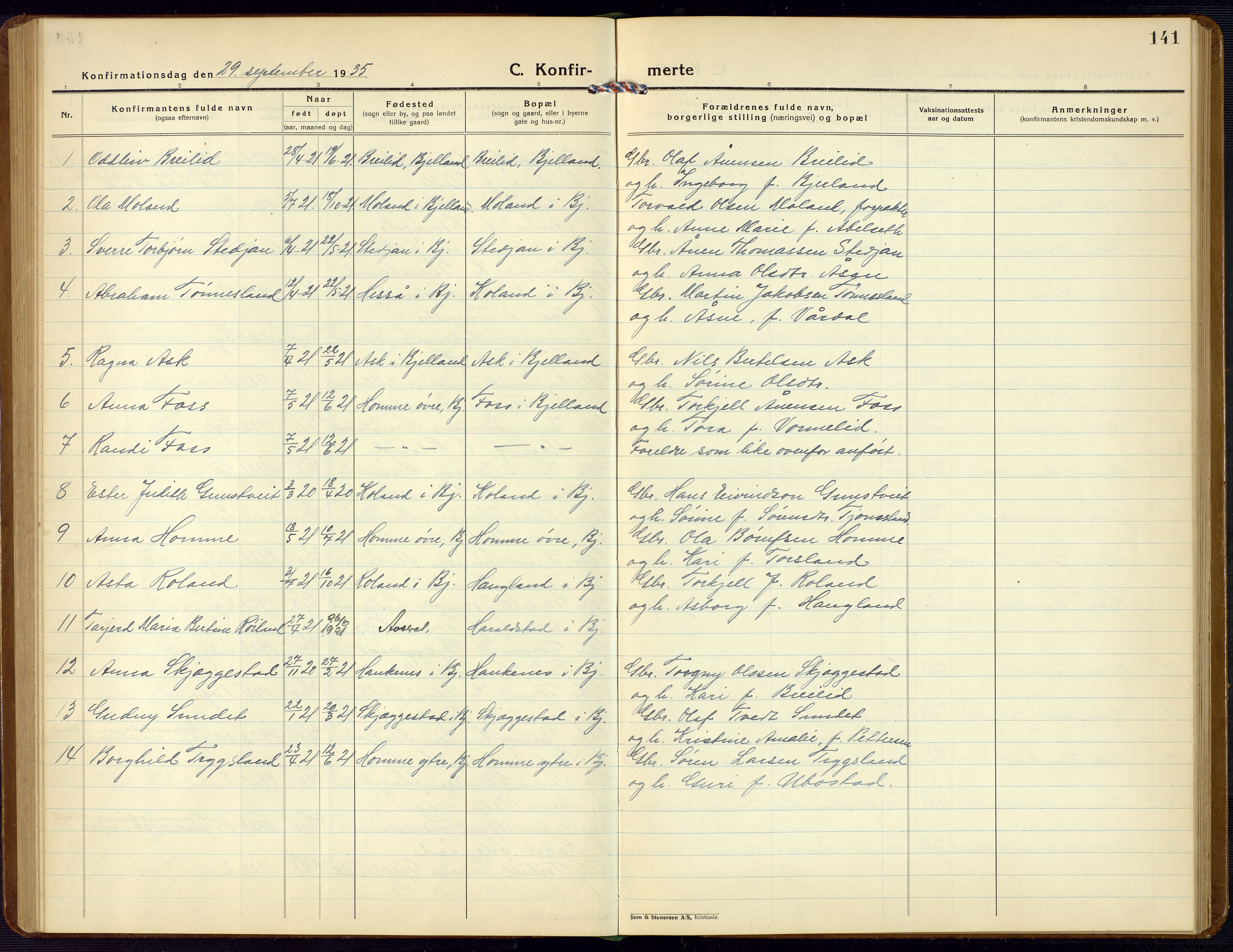 Bjelland sokneprestkontor, SAK/1111-0005/F/Fb/Fba/L0006: Parish register (copy) no. B 6, 1923-1956, p. 141