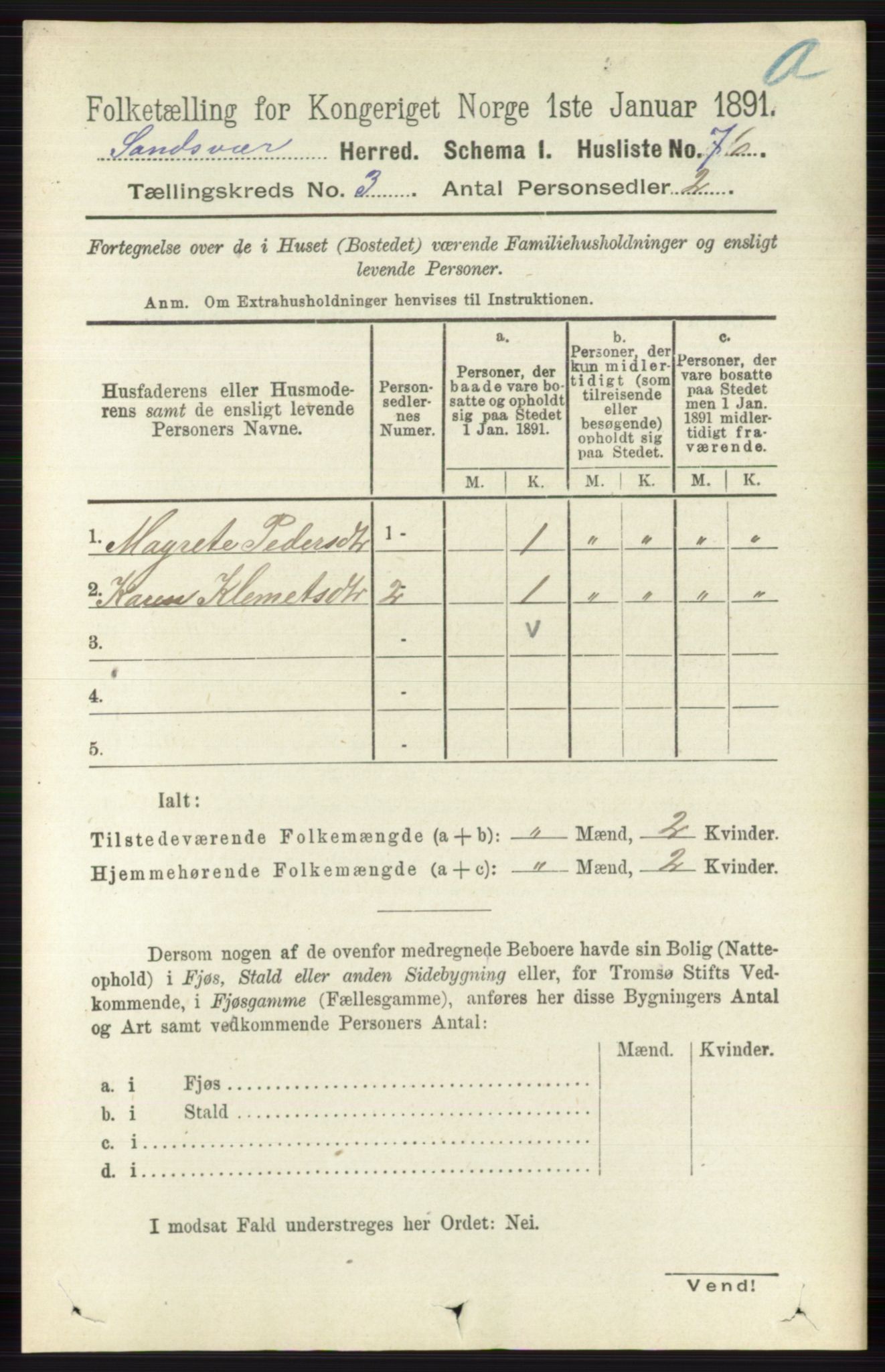 RA, 1891 census for 0629 Sandsvær, 1891, p. 1278