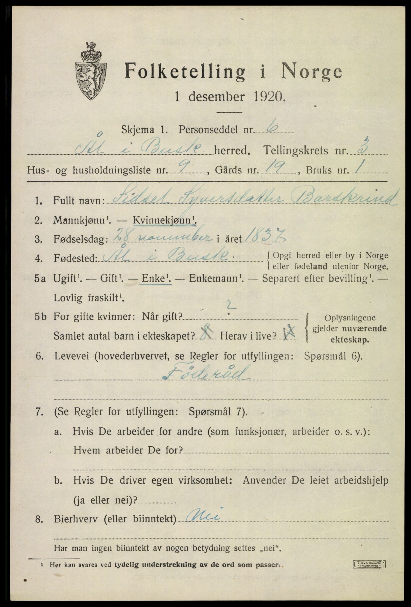 SAKO, 1920 census for Ål, 1920, p. 2498