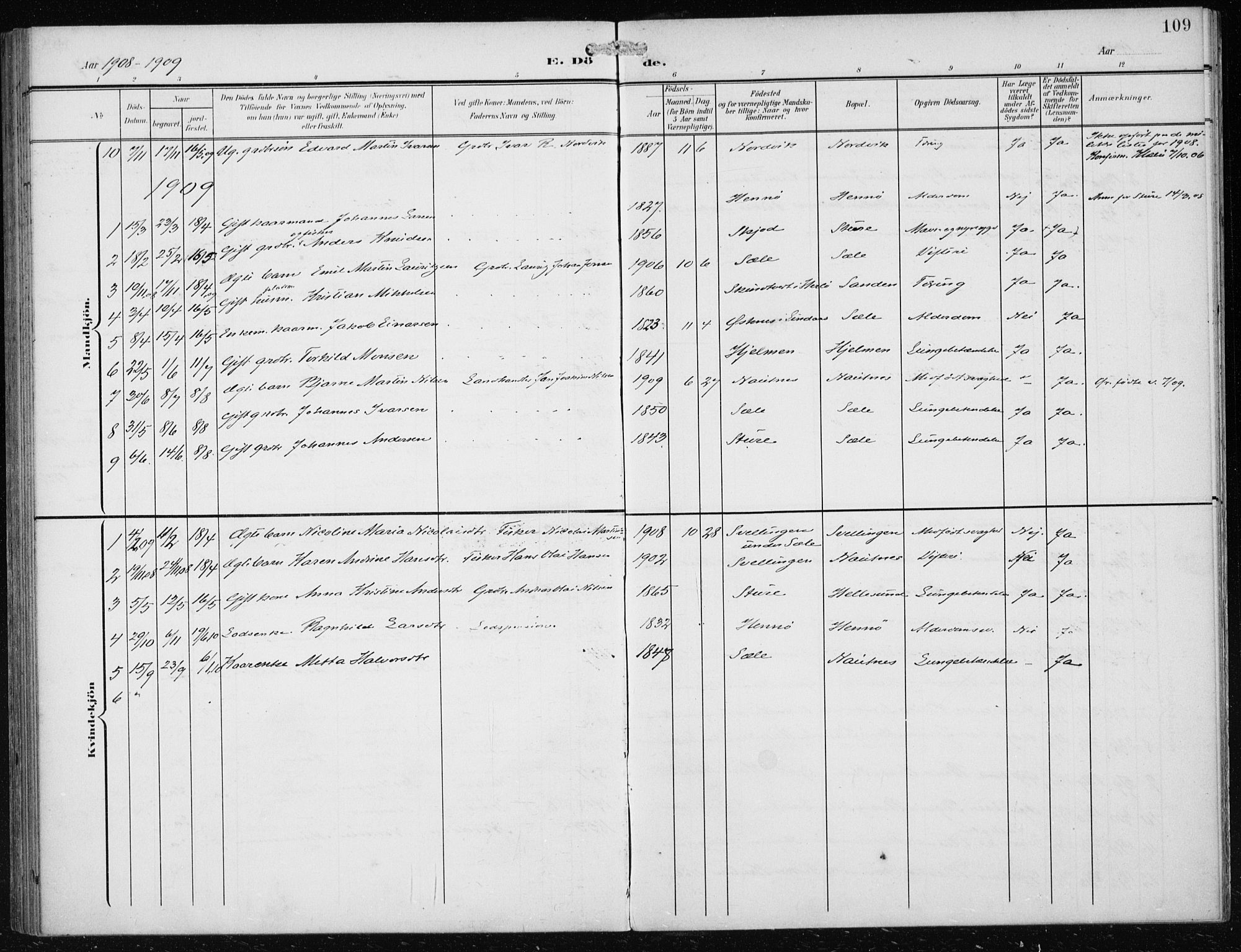 Herdla Sokneprestembete, AV/SAB-A-75701/H/Haa: Parish register (official) no. B 1, 1902-1921, p. 109