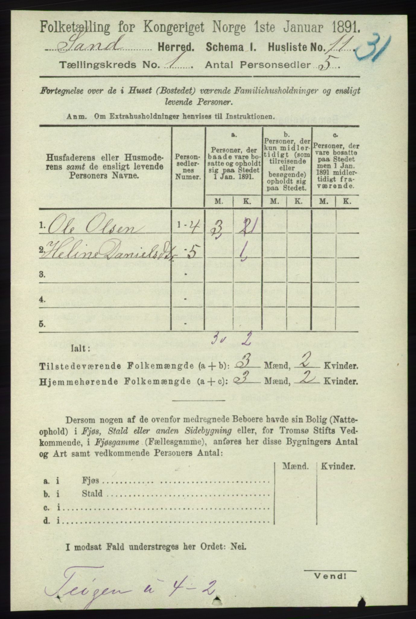 RA, 1891 census for 1136 Sand, 1891, p. 26