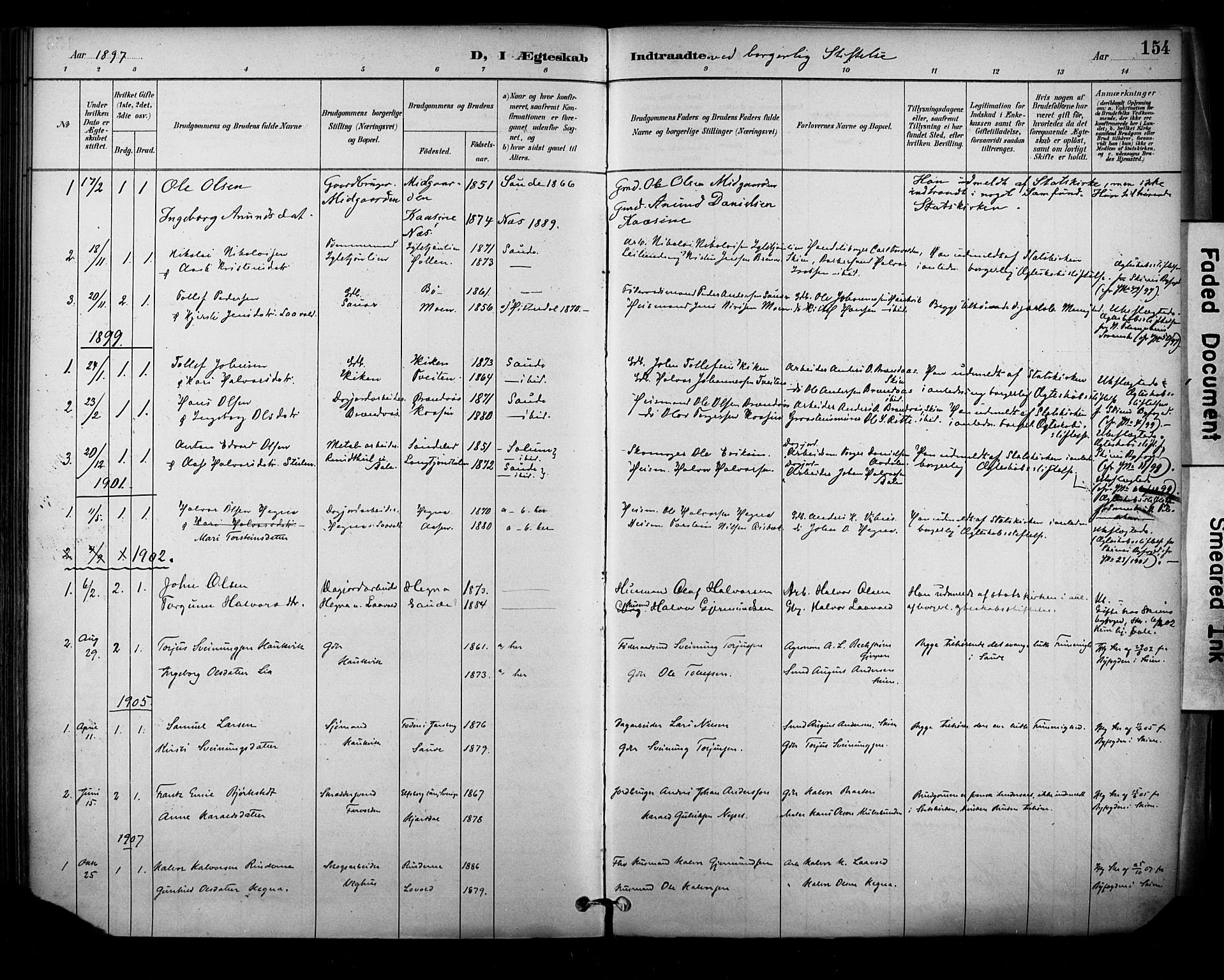 Sauherad kirkebøker, SAKO/A-298/F/Fa/L0009: Parish register (official) no. I 9, 1887-1912, p. 154