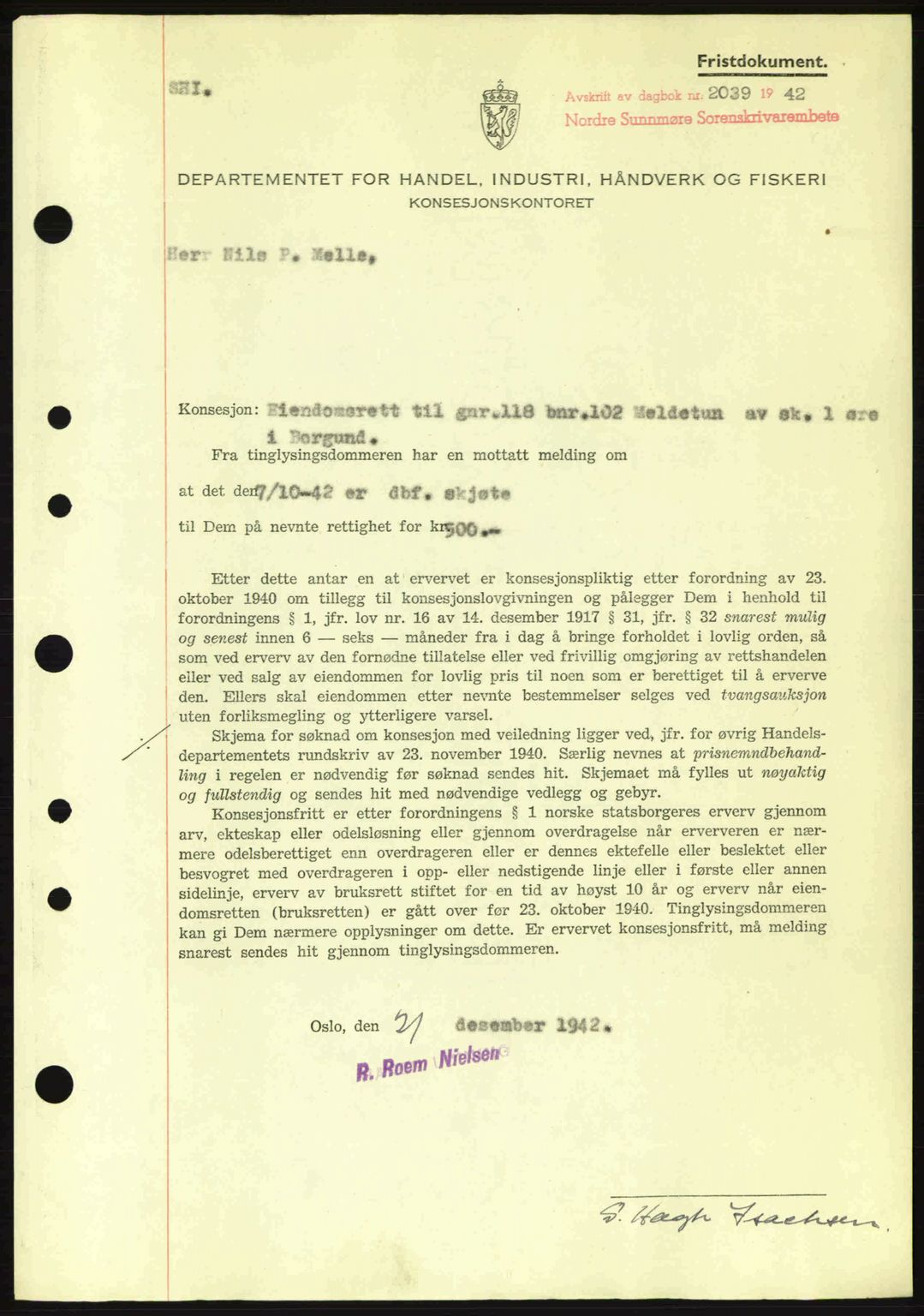 Nordre Sunnmøre sorenskriveri, SAT/A-0006/1/2/2C/2Ca: Mortgage book no. B6-14 a, 1942-1945, Diary no: : 2039/1942