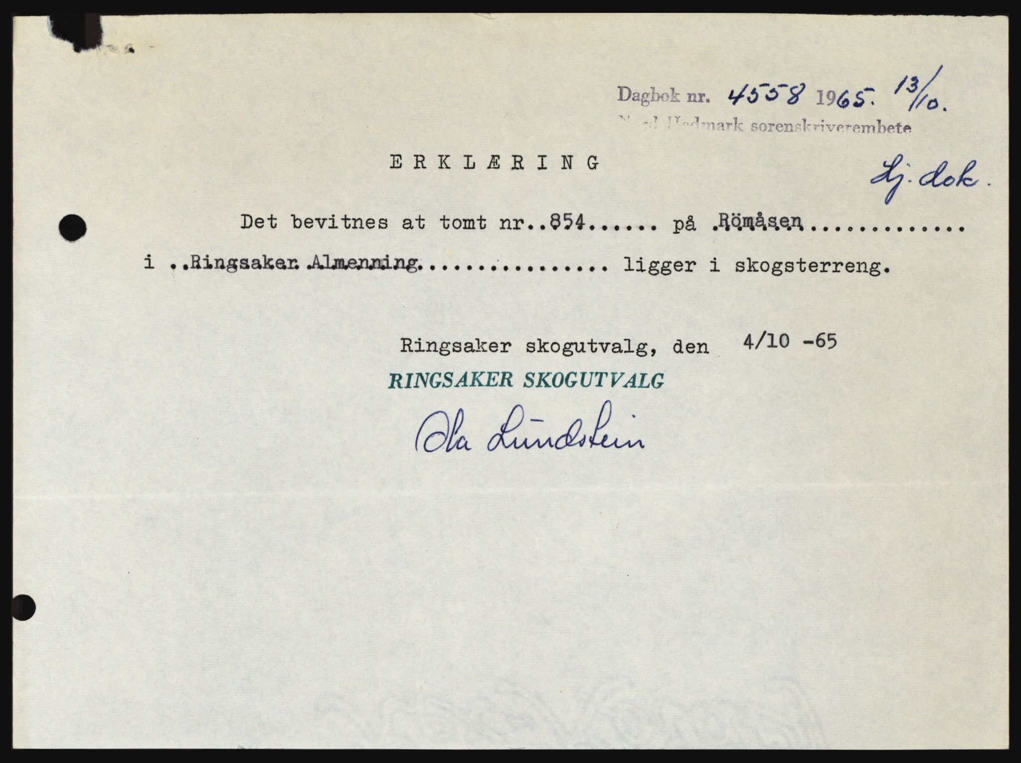 Nord-Hedmark sorenskriveri, SAH/TING-012/H/Hc/L0022: Mortgage book no. 22, 1965-1965, Diary no: : 4558/1965