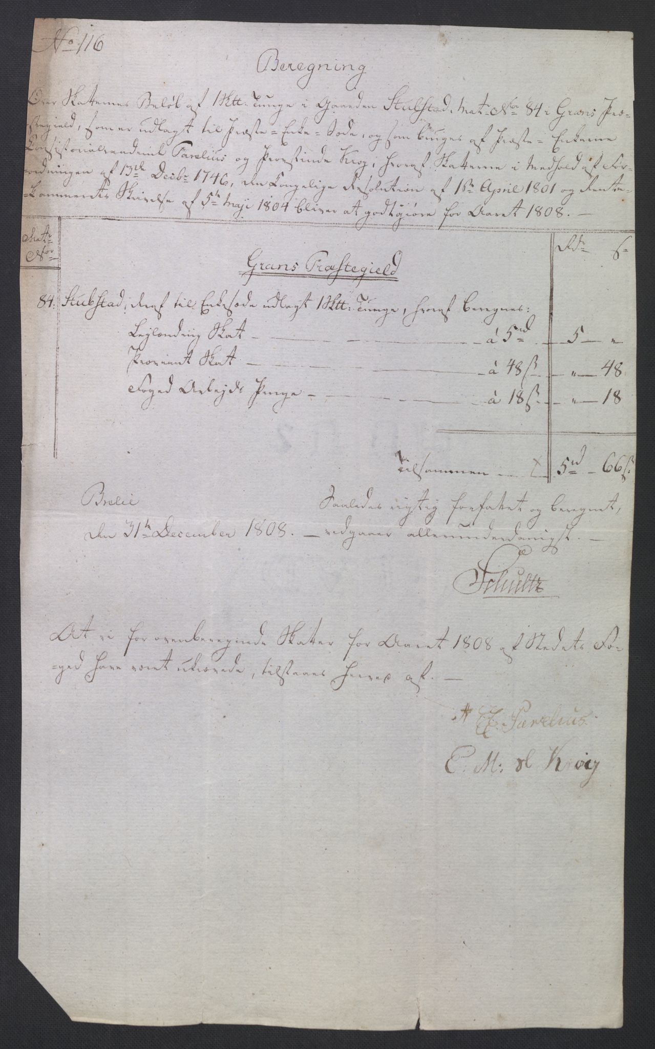 Rentekammeret inntil 1814, Reviderte regnskaper, Fogderegnskap, AV/RA-EA-4092/R19/L1396: Fogderegnskap Toten, Hadeland og Vardal, 1808, p. 465