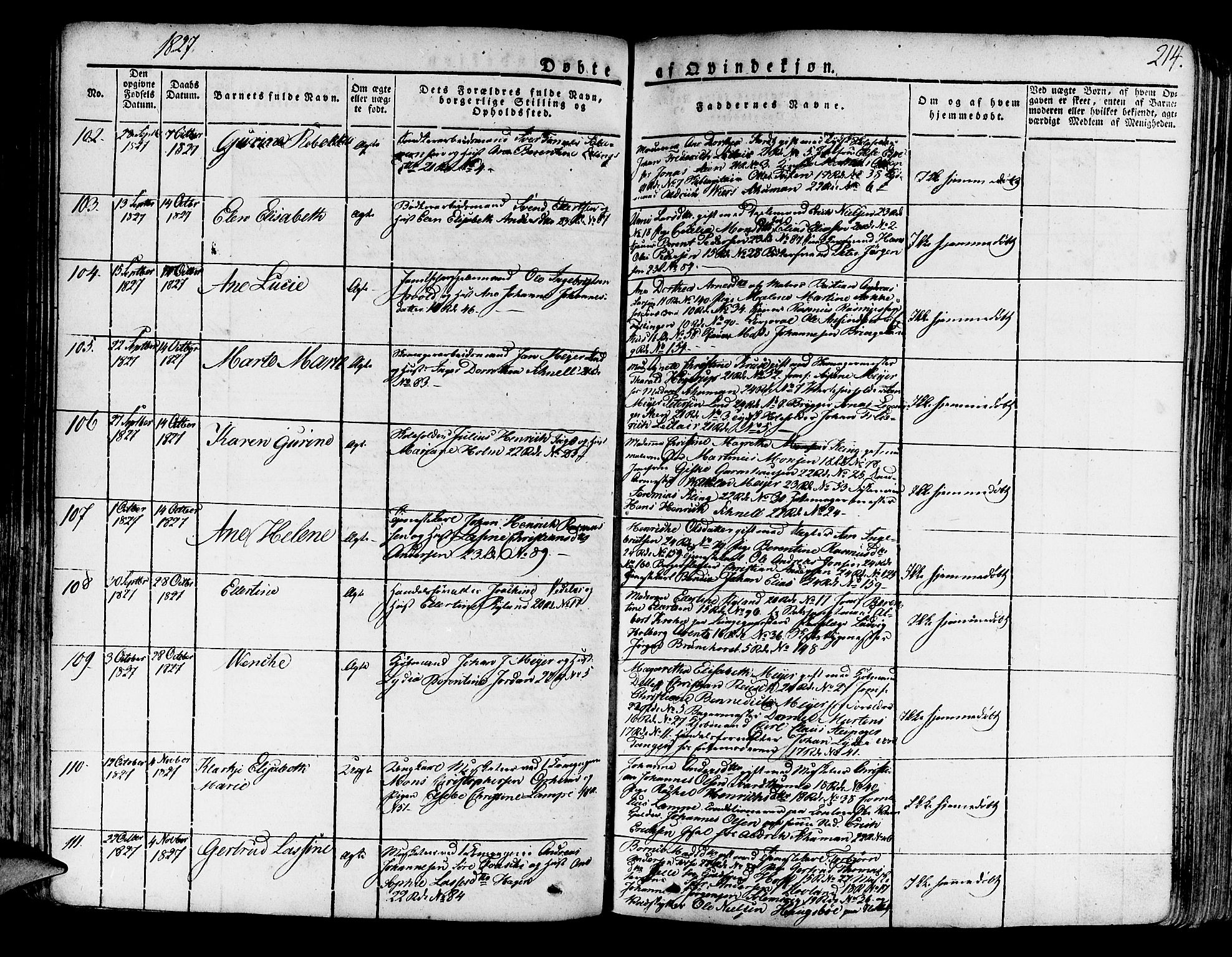 Korskirken sokneprestembete, AV/SAB-A-76101/H/Haa/L0014: Parish register (official) no. A 14, 1823-1835, p. 214