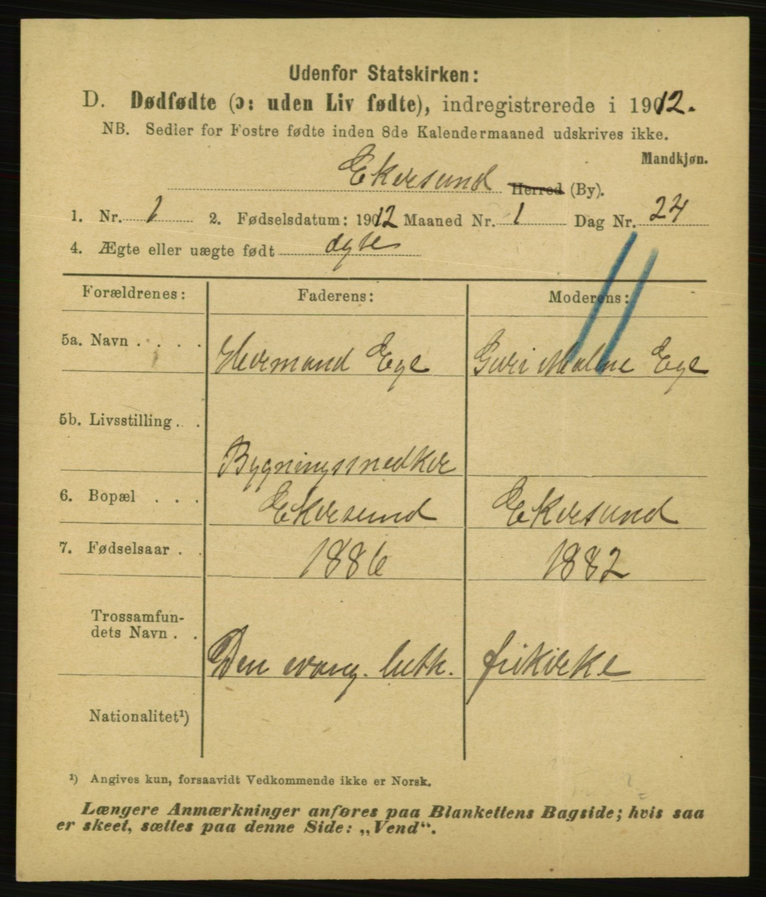 Statistisk sentralbyrå, Sosiodemografiske emner, Befolkning, AV/RA-S-2228/E/L0010: Fødte, gifte, døde dissentere., 1912, p. 3305