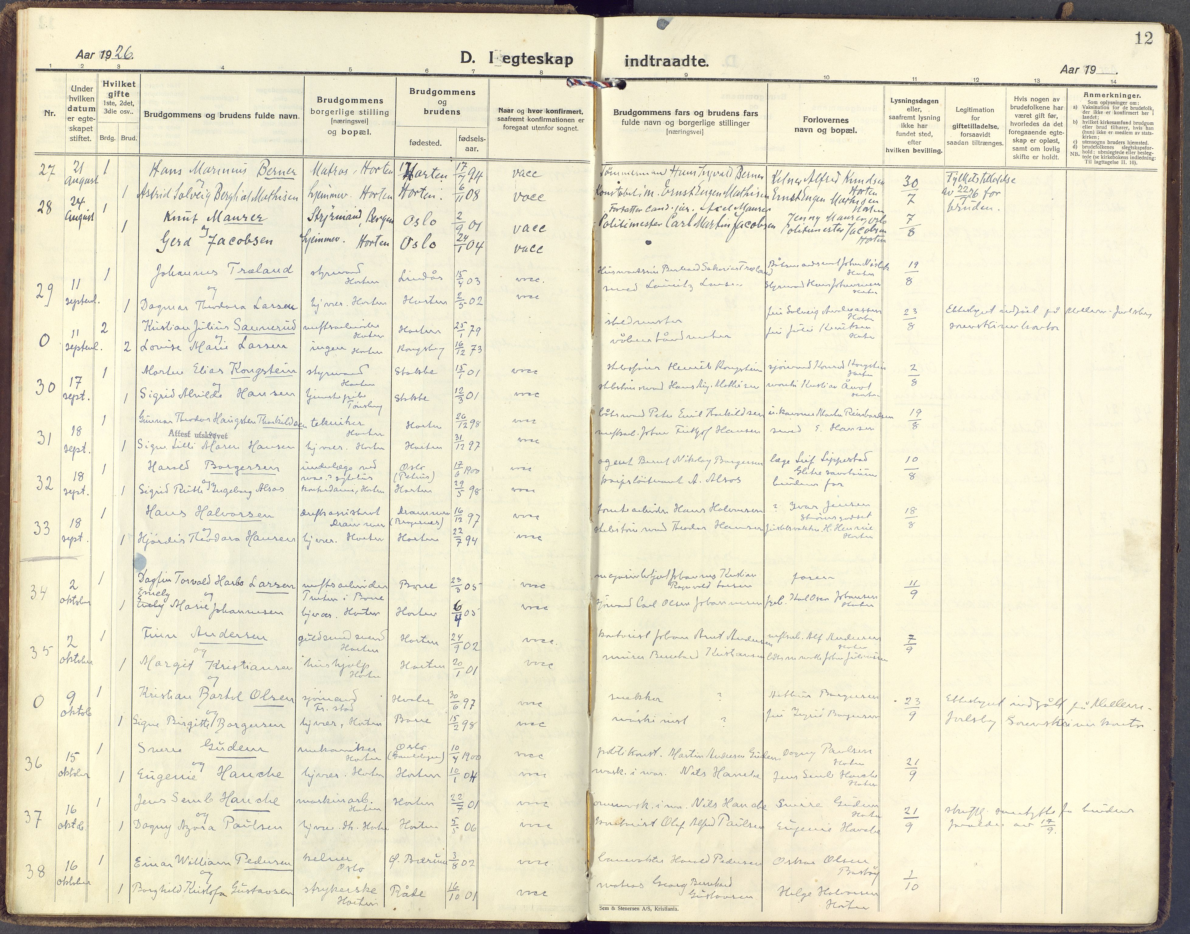 Horten kirkebøker, AV/SAKO-A-348/F/Fa/L0009: Parish register (official) no. 9, 1925-1936, p. 12