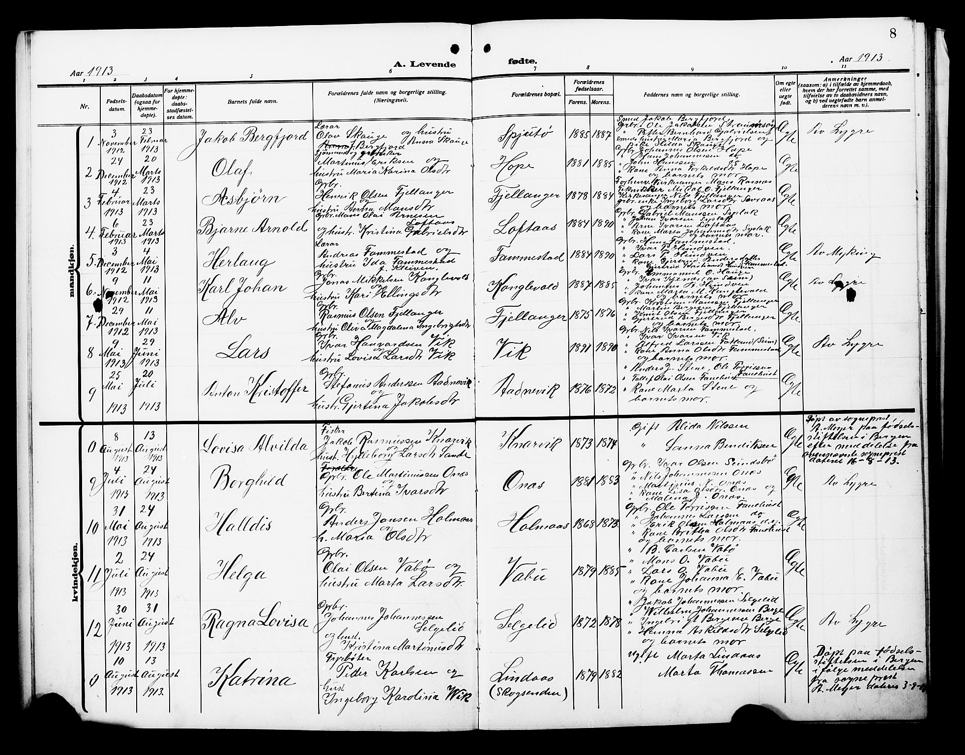 Lindås Sokneprestembete, AV/SAB-A-76701/H/Hab/Habb/L0004: Parish register (copy) no. B 4, 1912-1929, p. 8