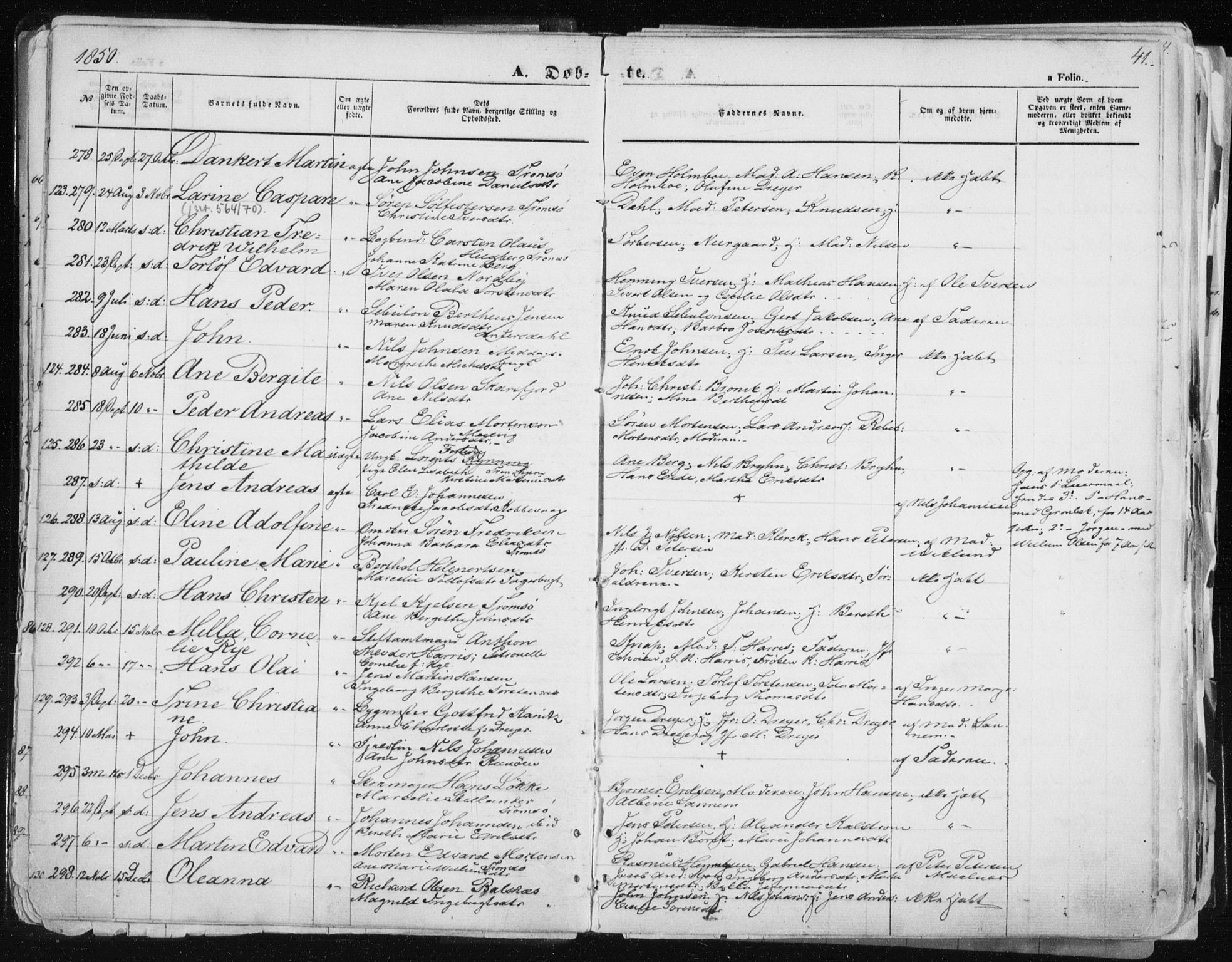 Tromsø sokneprestkontor/stiftsprosti/domprosti, AV/SATØ-S-1343/G/Ga/L0010kirke: Parish register (official) no. 10, 1848-1855, p. 41