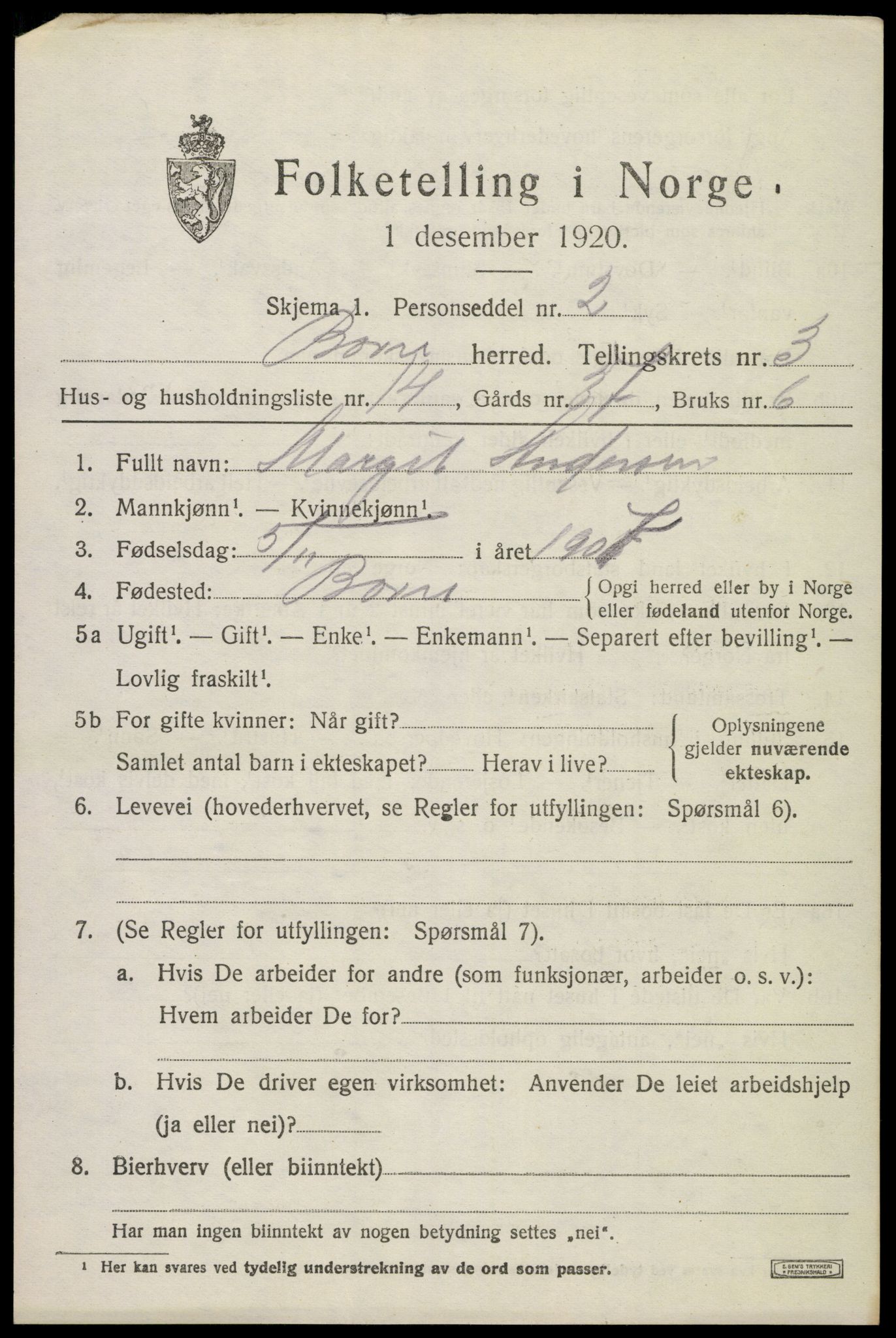 SAKO, 1920 census for Borre, 1920, p. 6192