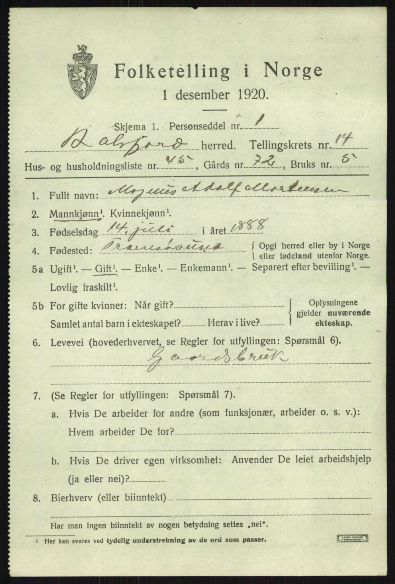 SATØ, 1920 census for Balsfjord, 1920, p. 8689