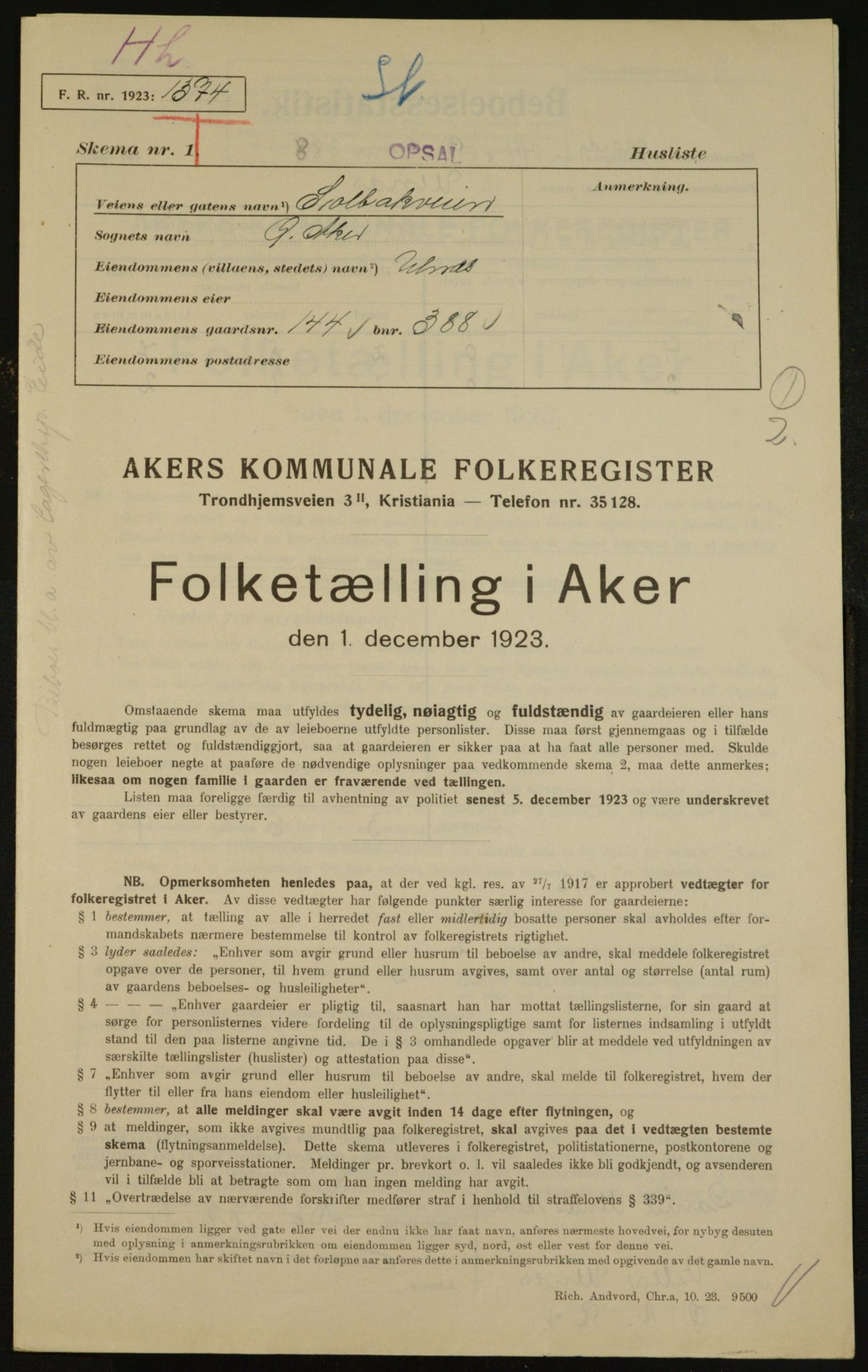 , Municipal Census 1923 for Aker, 1923, p. 31094