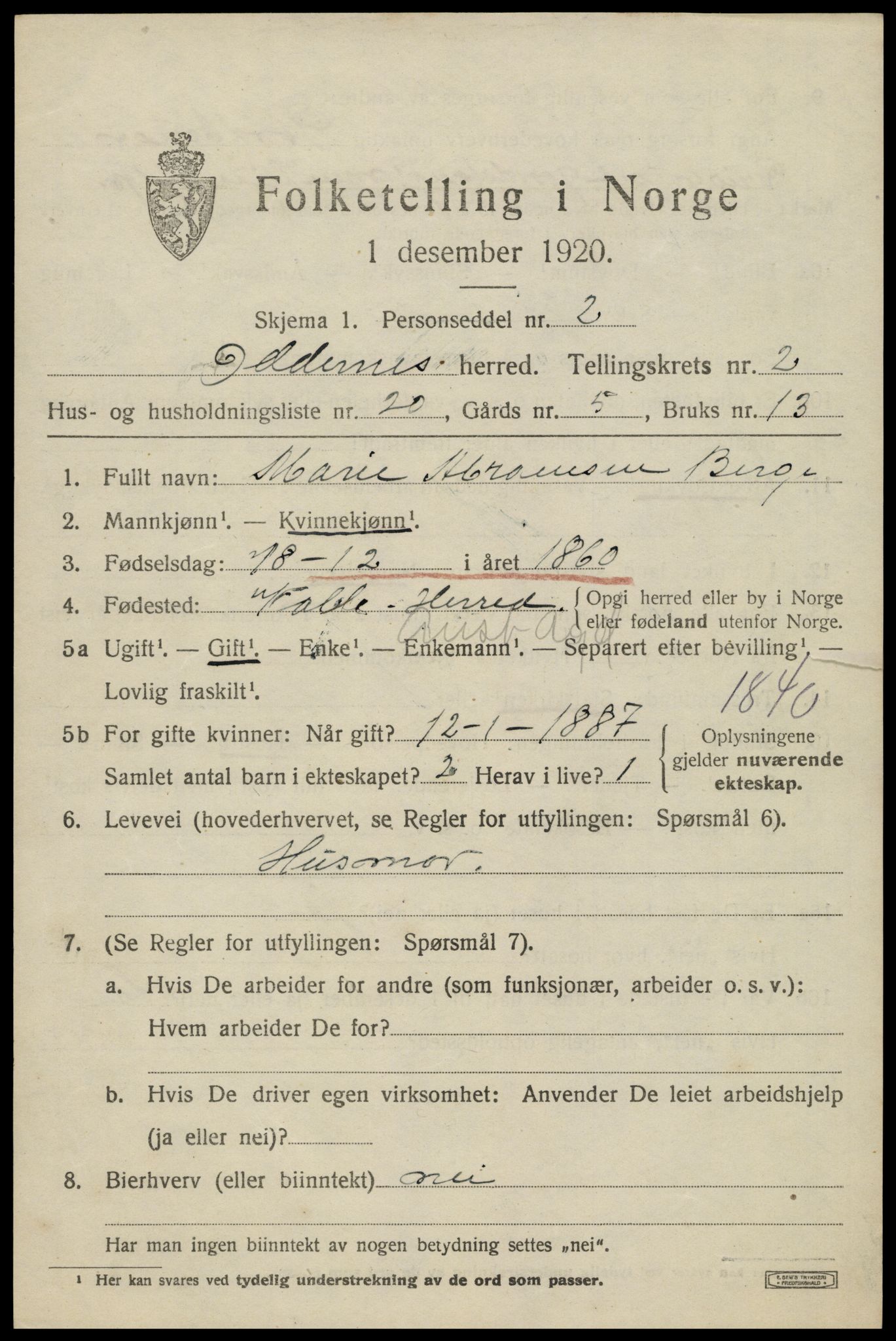 SAK, 1920 census for Oddernes, 1920, p. 3049