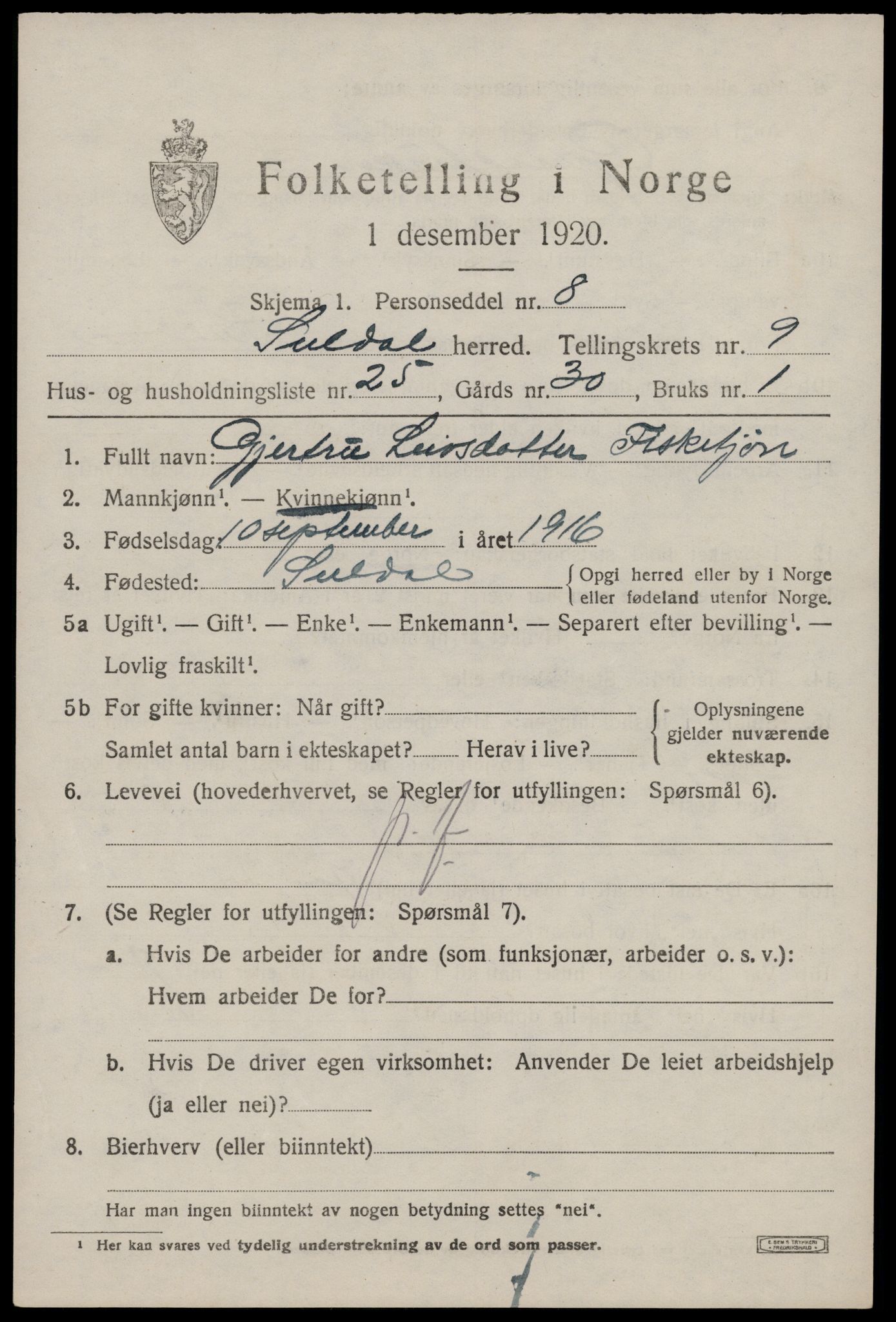 SAST, 1920 census for Suldal, 1920, p. 2400