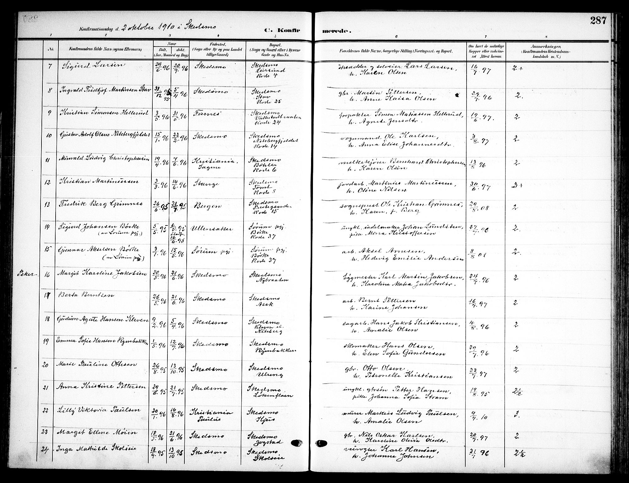 Skedsmo prestekontor Kirkebøker, AV/SAO-A-10033a/F/Fa/L0015: Parish register (official) no. I 15, 1902-1917, p. 287