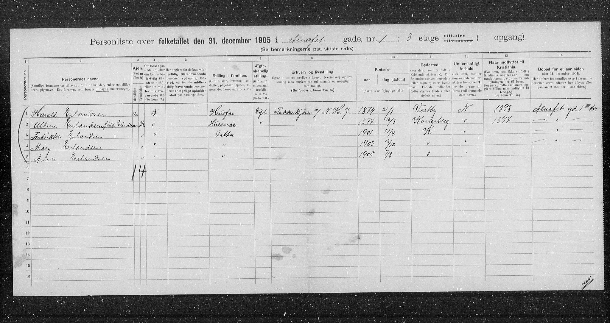 OBA, Municipal Census 1905 for Kristiania, 1905, p. 629
