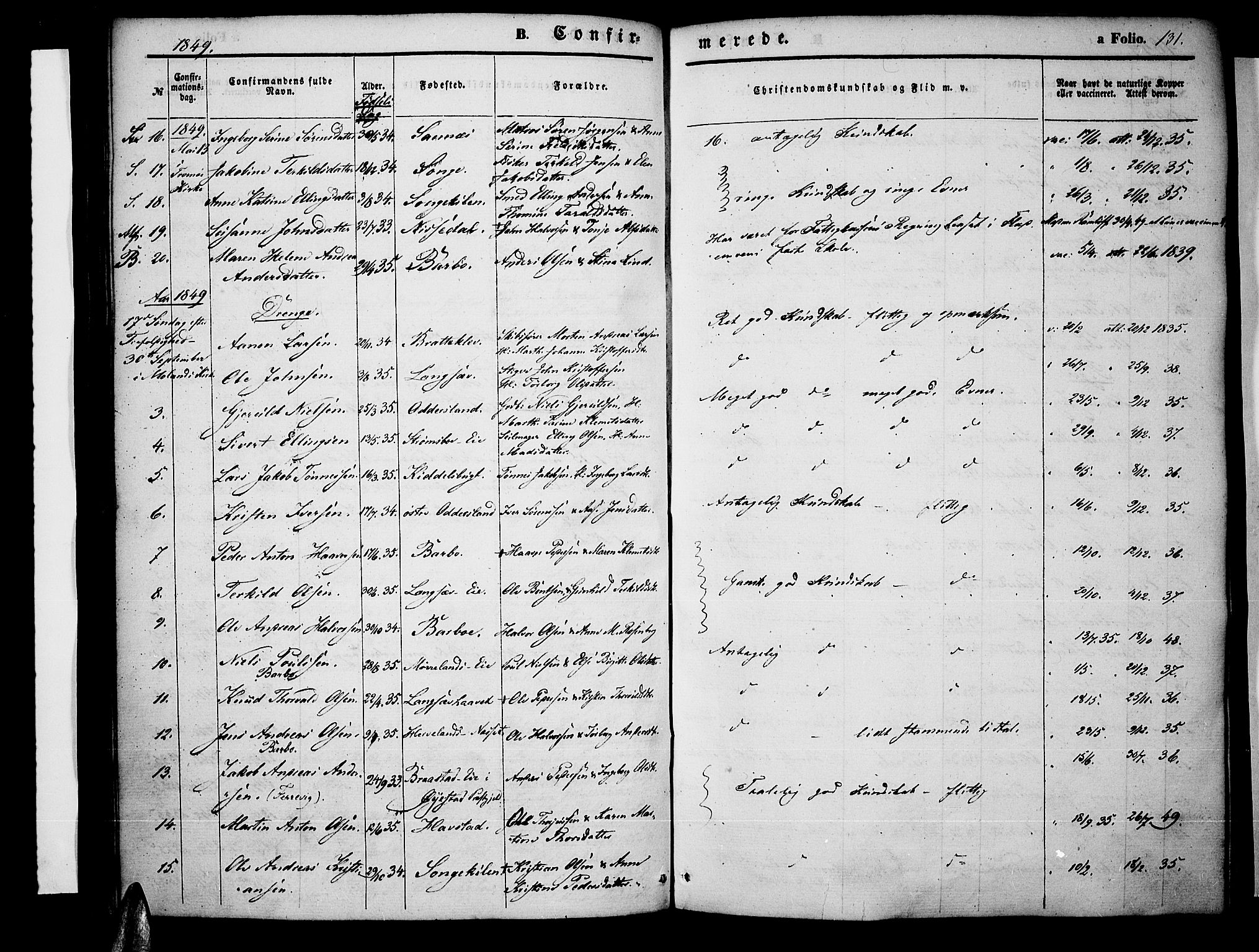 Tromøy sokneprestkontor, AV/SAK-1111-0041/F/Fa/L0005: Parish register (official) no. A 5, 1847-1856, p. 131