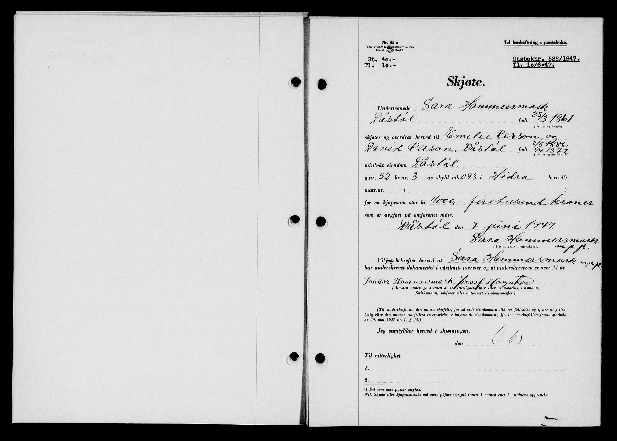 Flekkefjord sorenskriveri, SAK/1221-0001/G/Gb/Gba/L0062: Mortgage book no. A-10, 1947-1947, Diary no: : 538/1947
