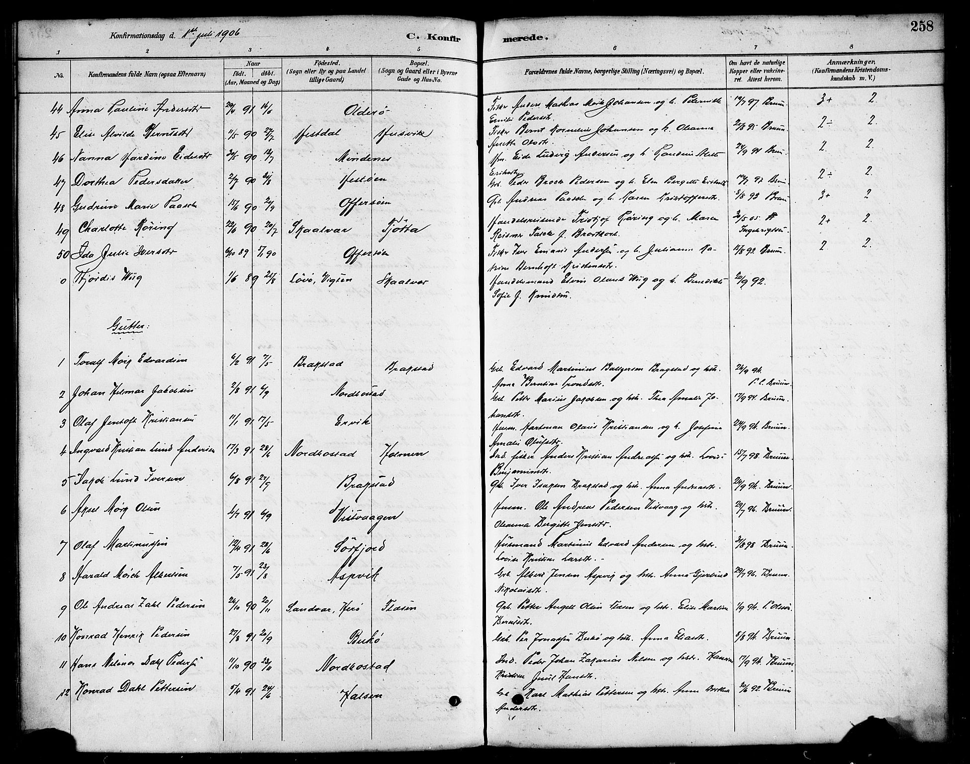 Ministerialprotokoller, klokkerbøker og fødselsregistre - Nordland, AV/SAT-A-1459/817/L0268: Parish register (copy) no. 817C03, 1884-1920, p. 258