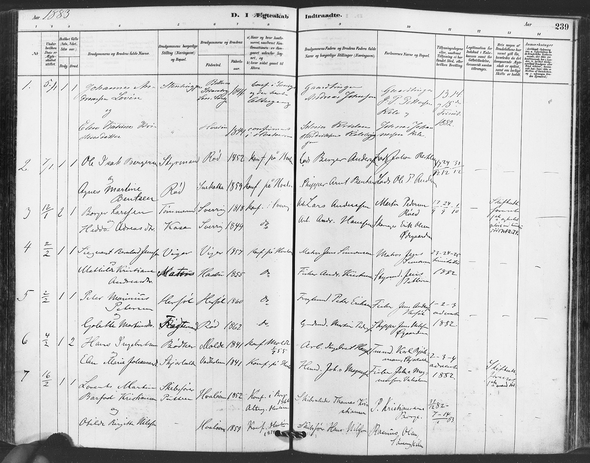 Hvaler prestekontor Kirkebøker, SAO/A-2001/F/Fa/L0008: Parish register (official) no. I 8, 1878-1895, p. 239