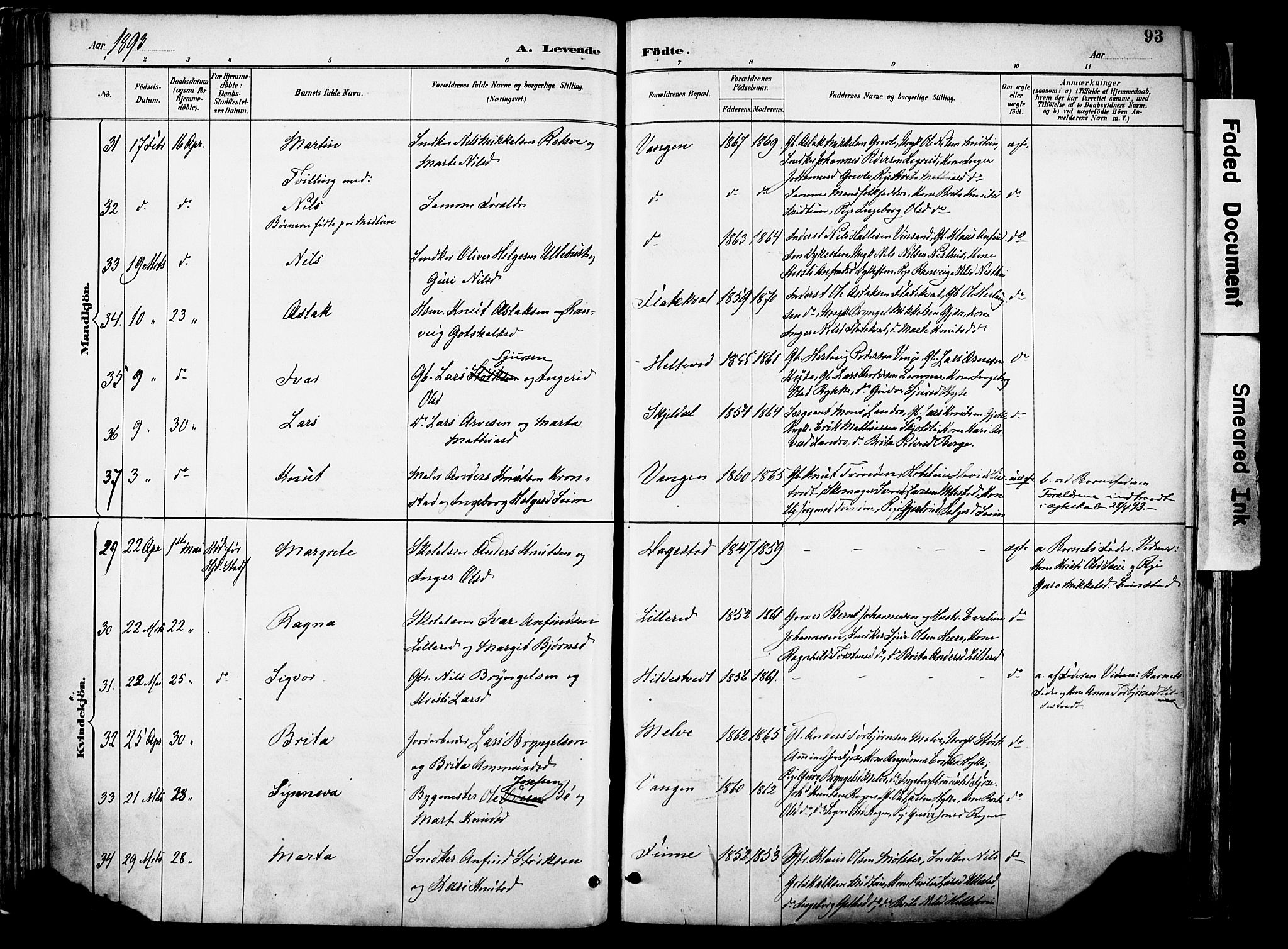 Voss sokneprestembete, AV/SAB-A-79001/H/Haa: Parish register (official) no. A 21, 1887-1903, p. 93