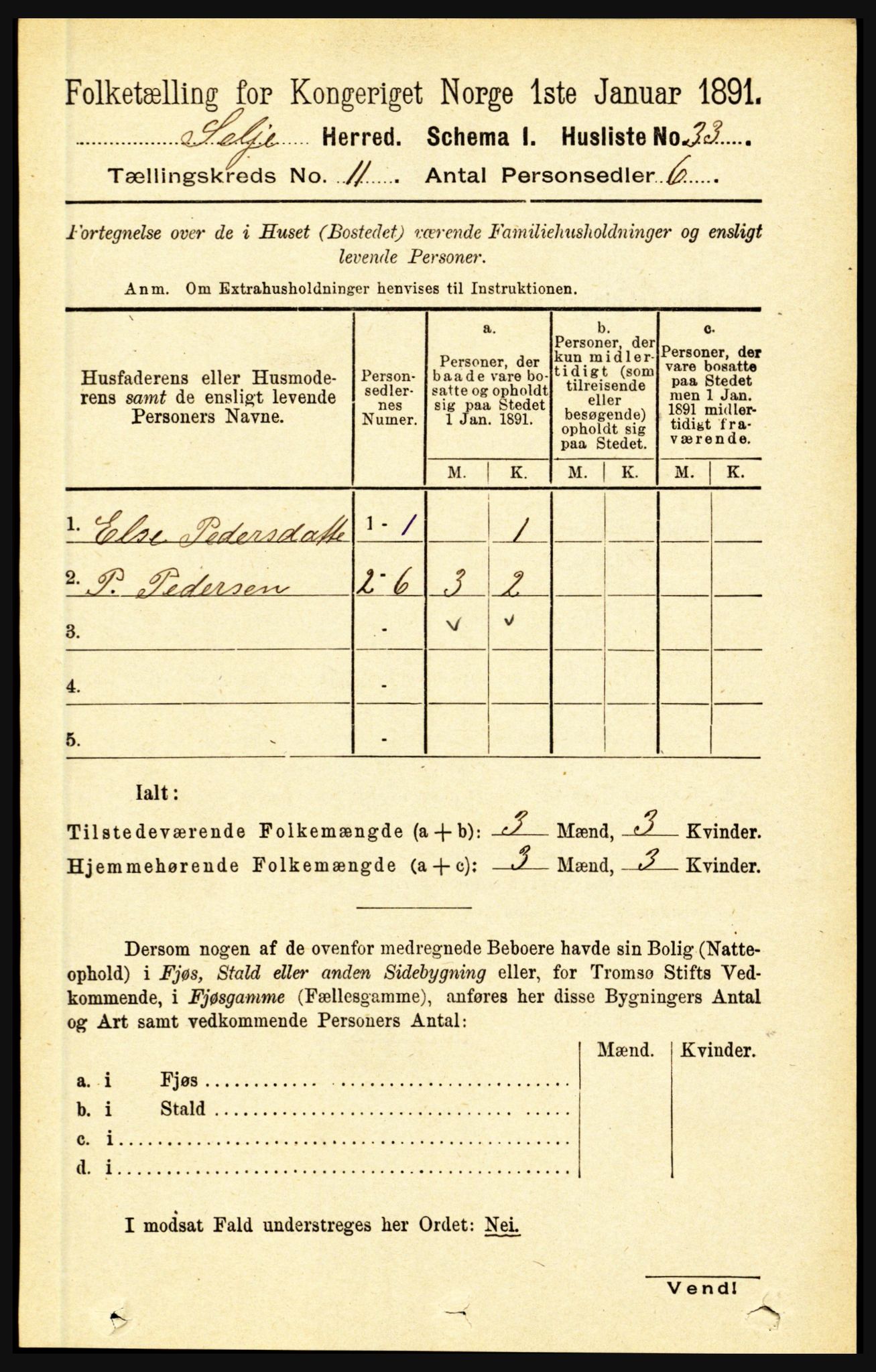 RA, 1891 census for 1441 Selje, 1891, p. 3407