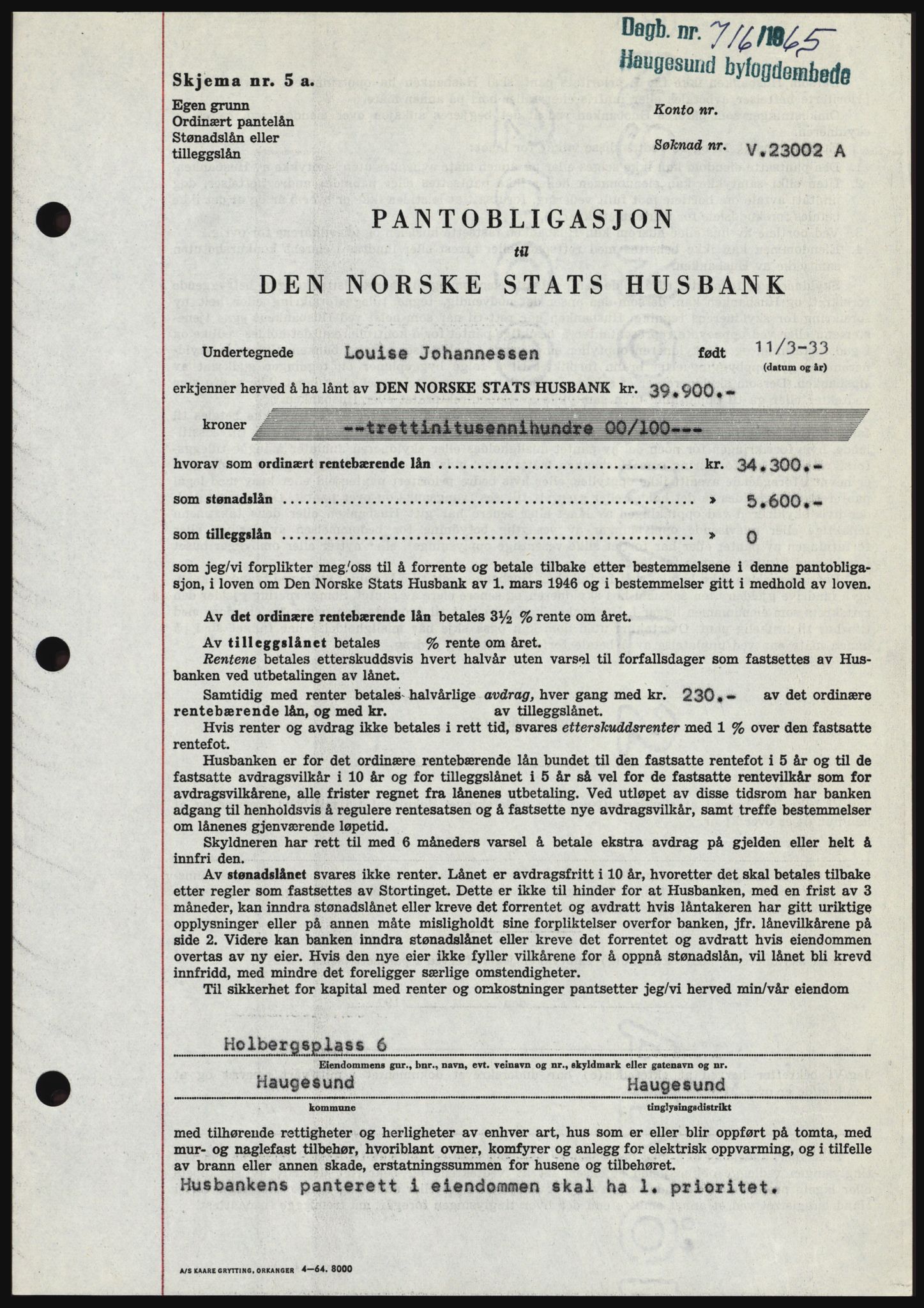 Haugesund tingrett, SAST/A-101415/01/II/IIC/L0053: Mortgage book no. B 53, 1965-1965, Diary no: : 716/1965