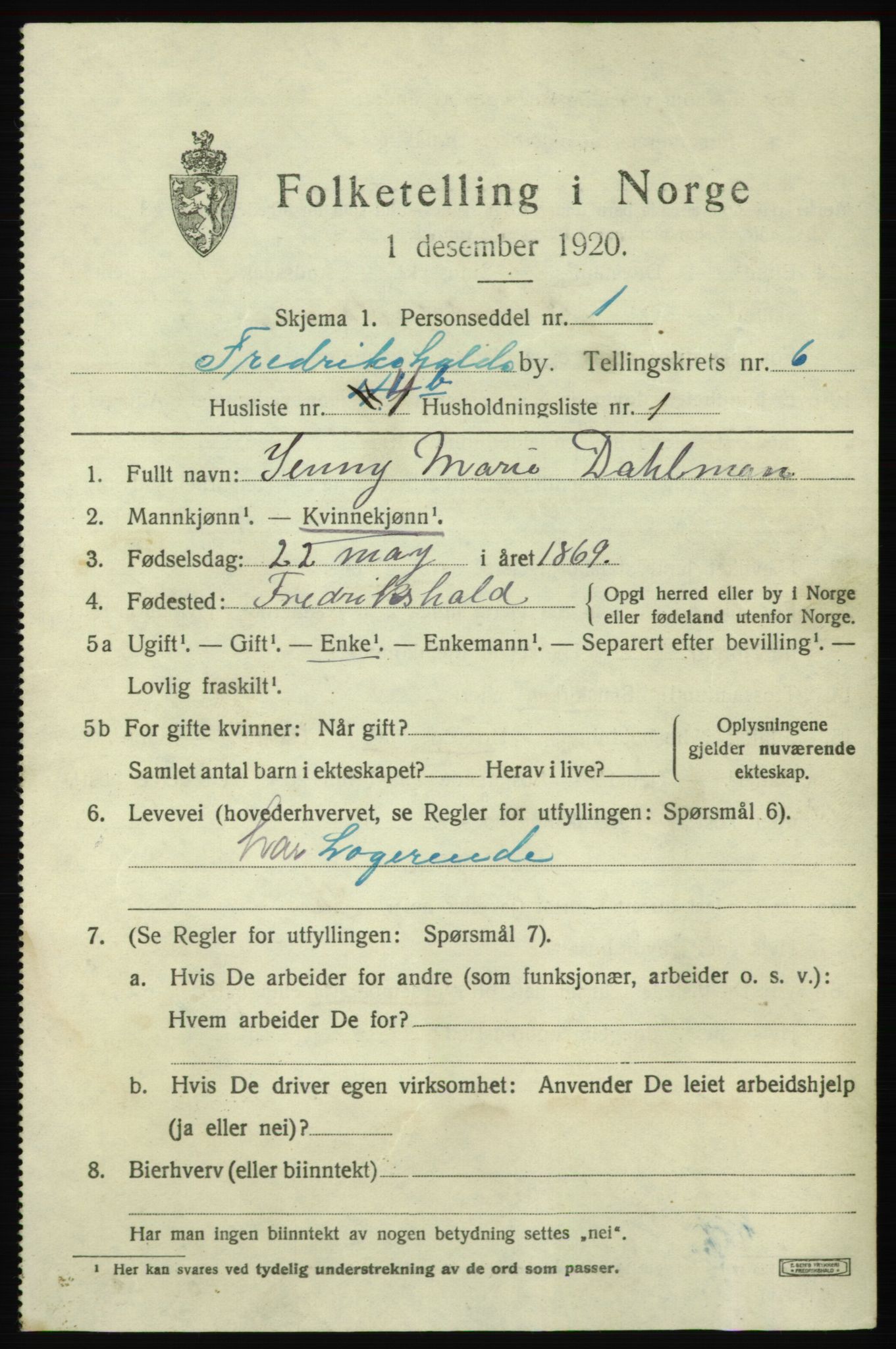 SAO, 1920 census for Fredrikshald, 1920, p. 12890