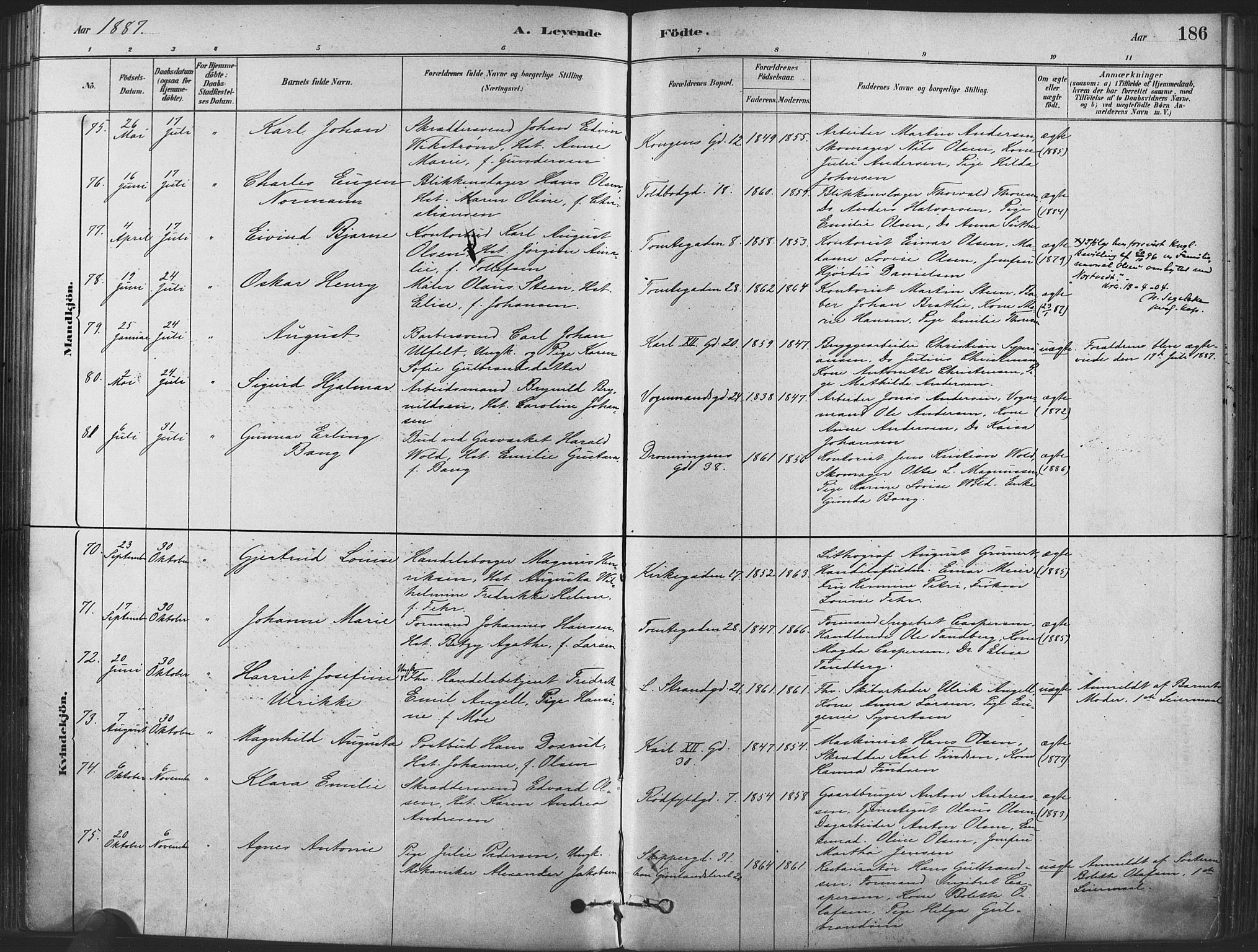 Oslo domkirke Kirkebøker, SAO/A-10752/F/Fa/L0029: Parish register (official) no. 29, 1879-1892, p. 186