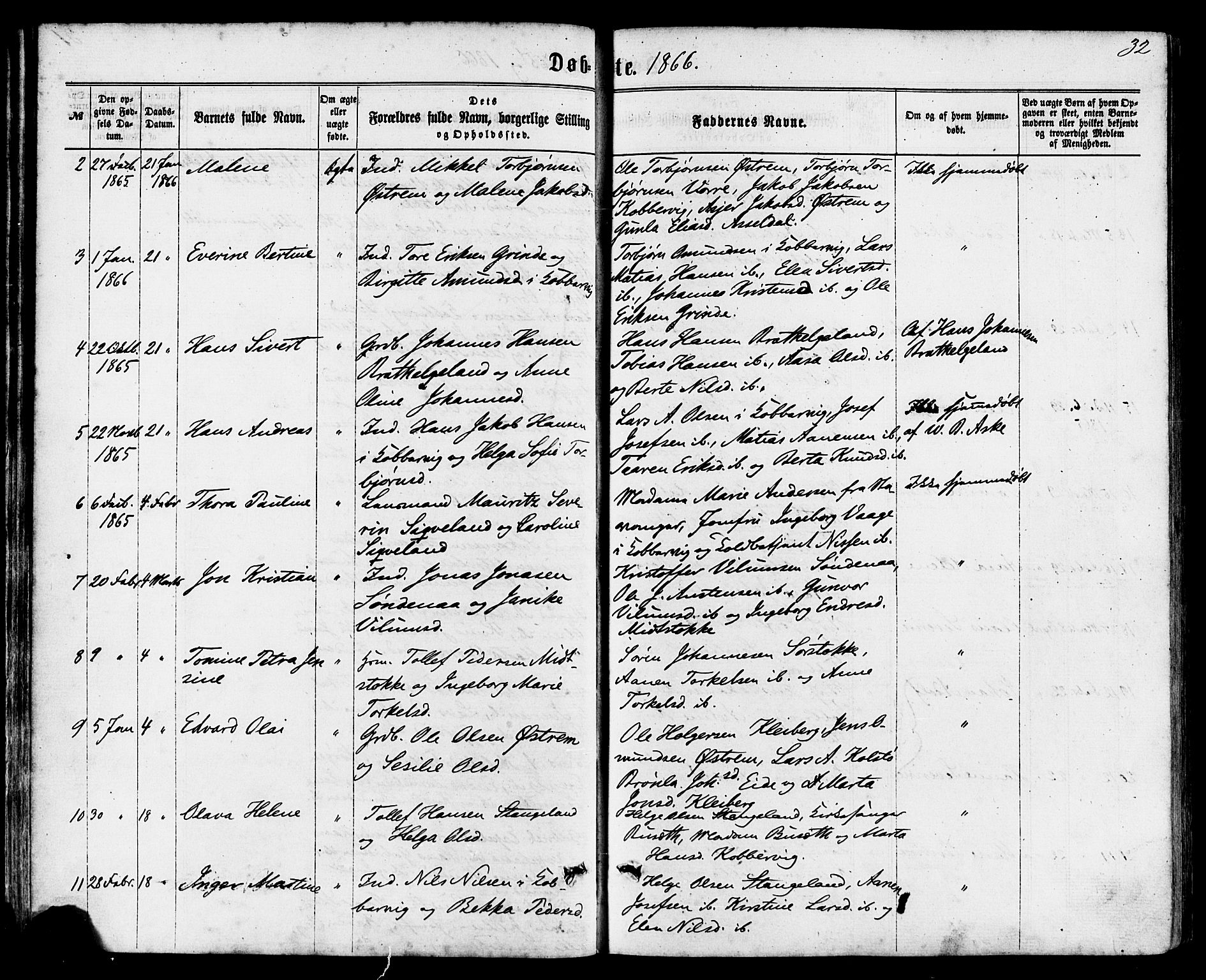 Avaldsnes sokneprestkontor, SAST/A -101851/H/Ha/Haa/L0011: Parish register (official) no. A 11, 1861-1880, p. 32