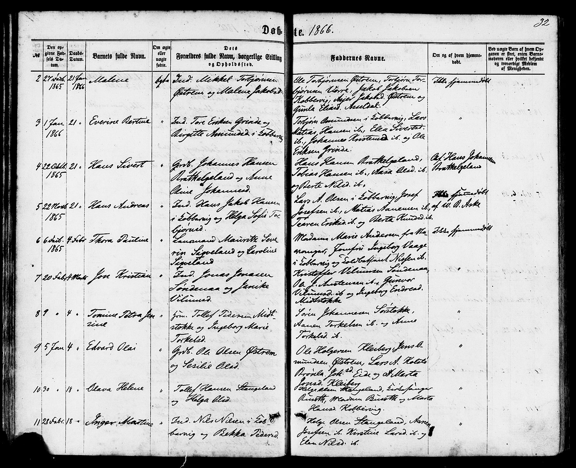 Avaldsnes sokneprestkontor, AV/SAST-A -101851/H/Ha/Haa/L0011: Parish register (official) no. A 11, 1861-1880, p. 32