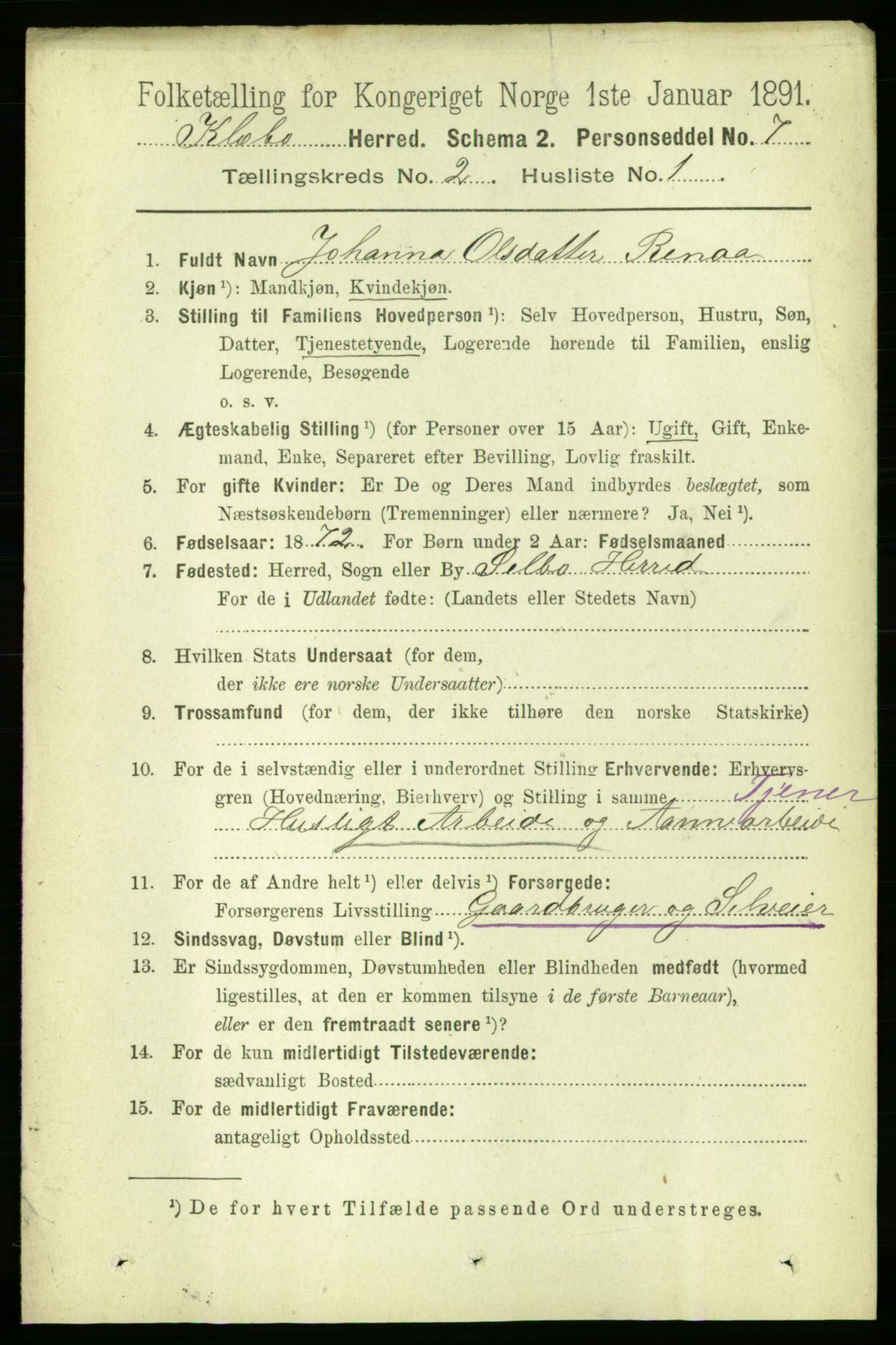 RA, 1891 census for 1662 Klæbu, 1891, p. 222