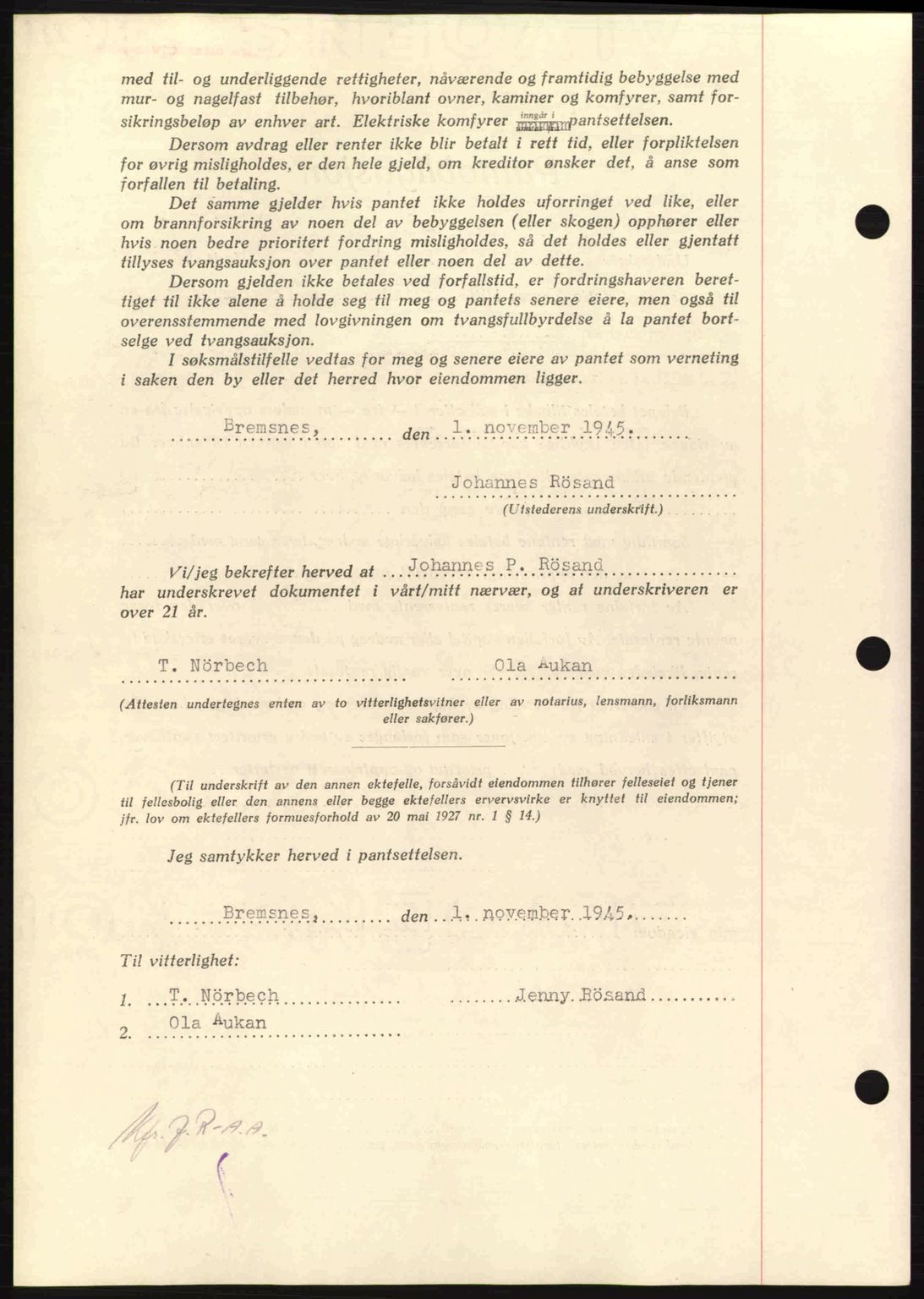 Nordmøre sorenskriveri, AV/SAT-A-4132/1/2/2Ca: Mortgage book no. B93a, 1945-1945, Diary no: : 1567/1945