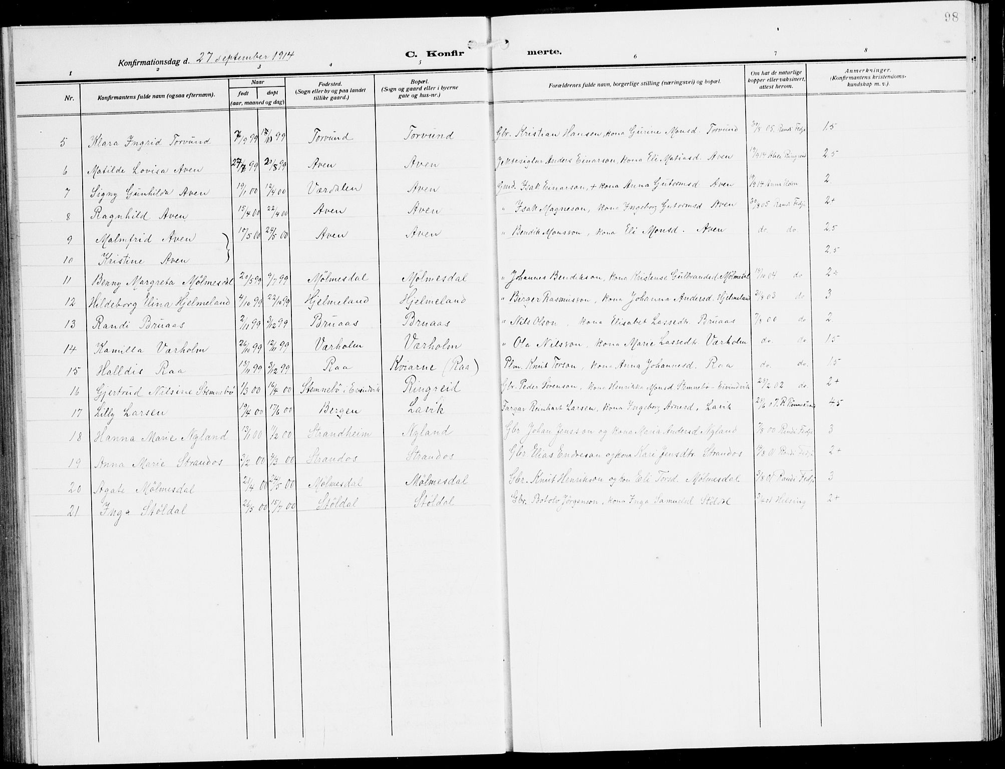 Lavik sokneprestembete, AV/SAB-A-80901: Parish register (copy) no. A 3, 1911-1942, p. 98