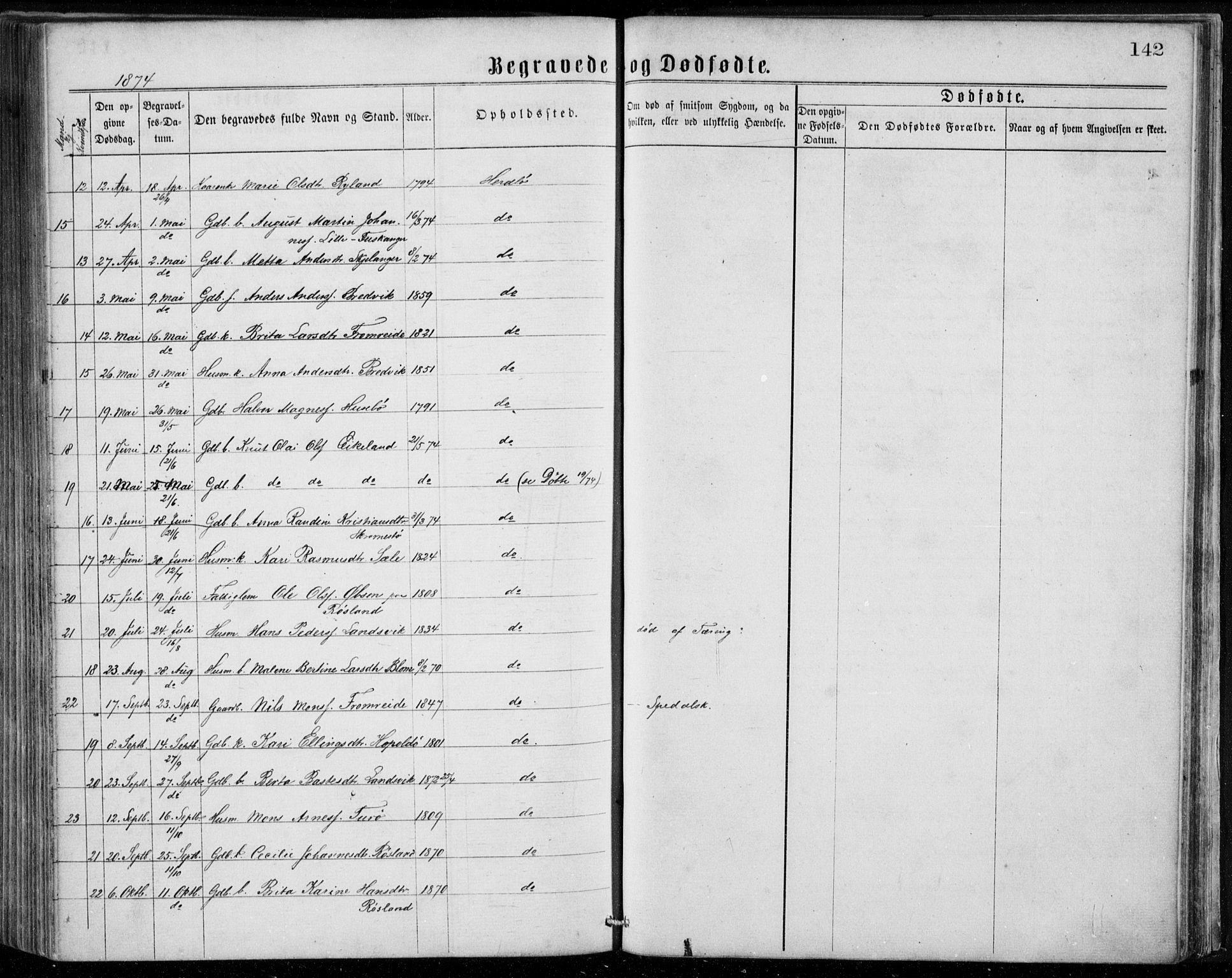 Herdla Sokneprestembete, AV/SAB-A-75701/H/Haa: Parish register (official) no. A 2, 1869-1877, p. 142