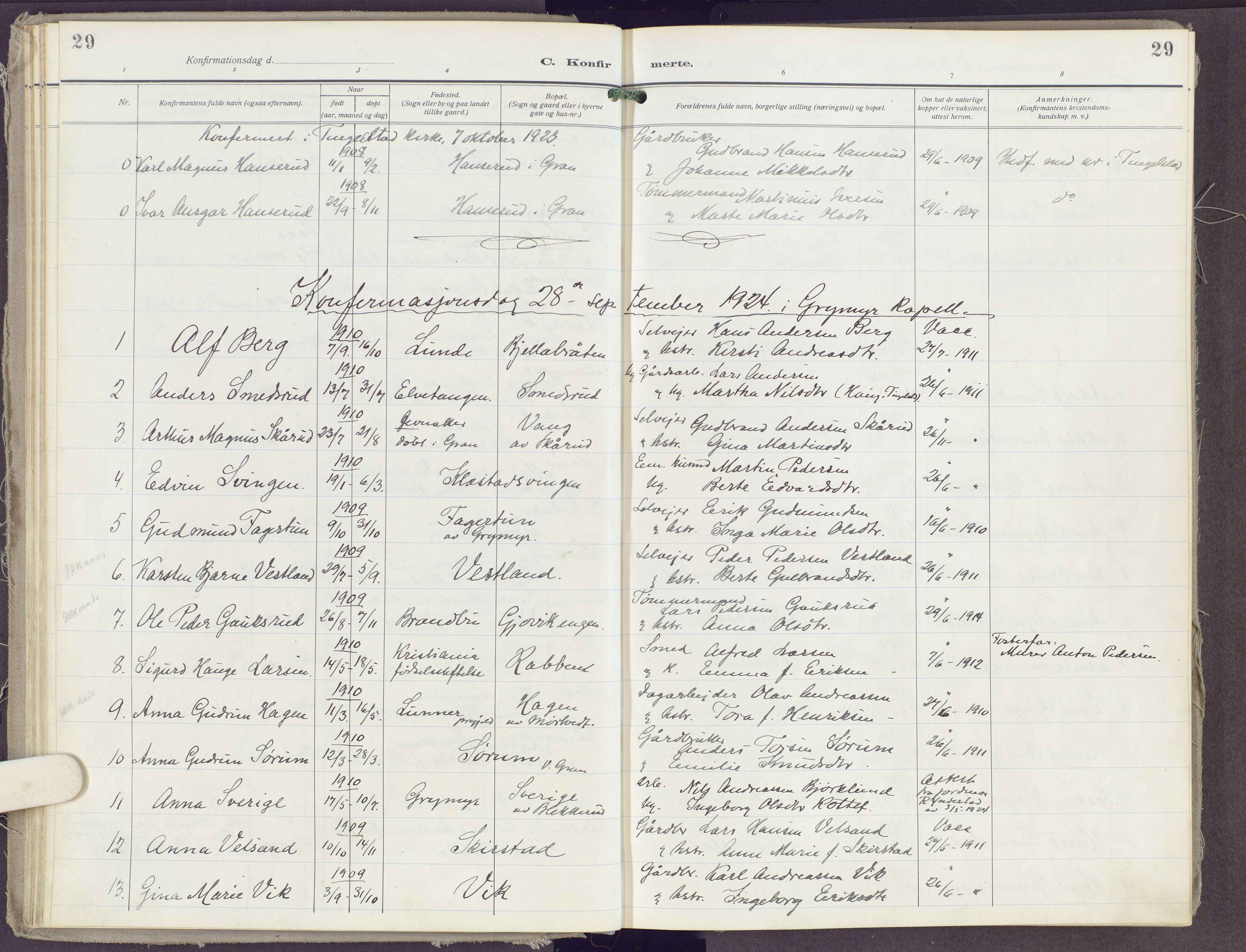 Gran prestekontor, SAH/PREST-112/H/Ha/Haa/L0023: Parish register (official) no. 23, 1919-1938, p. 29