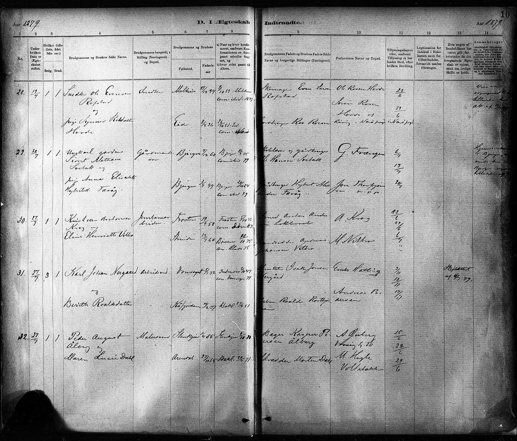 Ministerialprotokoller, klokkerbøker og fødselsregistre - Sør-Trøndelag, AV/SAT-A-1456/604/L0189: Parish register (official) no. 604A10, 1878-1892, p. 10