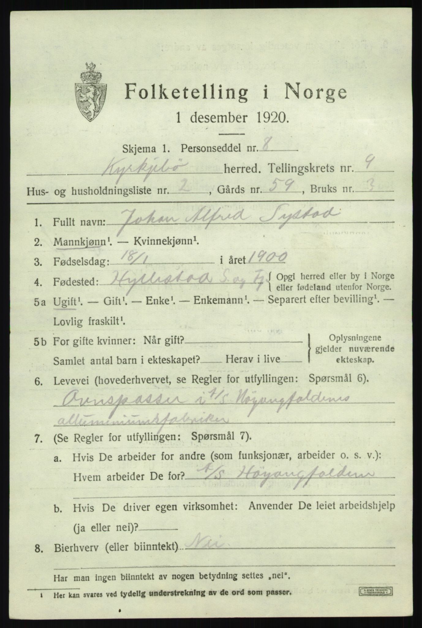 SAB, 1920 census for Kyrkjebø, 1920, p. 3915