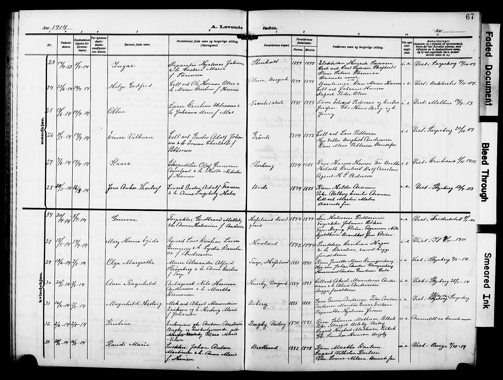 Skjeberg prestekontor Kirkebøker, SAO/A-10923/G/Gd/L0001: Parish register (copy) no. IV 1, 1907-1917, p. 67