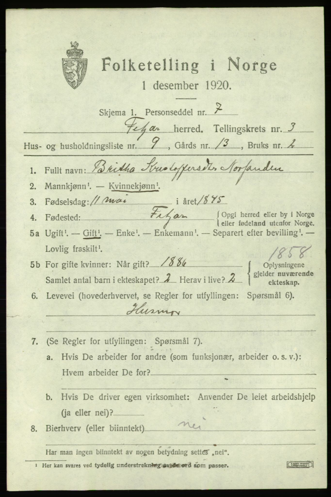 SAB, 1920 census for Fitjar, 1920, p. 2188